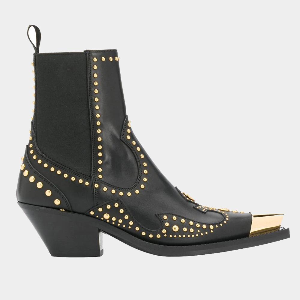 Spring Autumn Women Short Boots Genuine Leather Metal Pointed Toe Chunky Heels Fashion Rivet Boots
