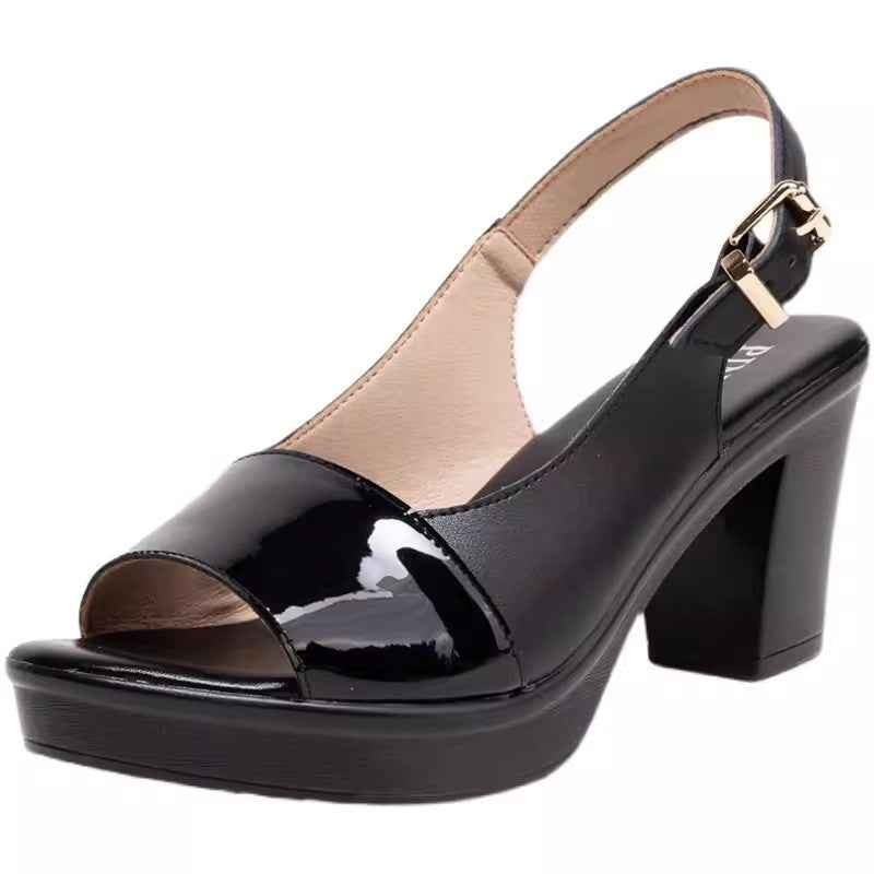 Summer Genuine Leather Roman Sandals for Women with Chunky Heel Color Block High Heel Thick Sole Waterproof Platform Outdoor Slippers