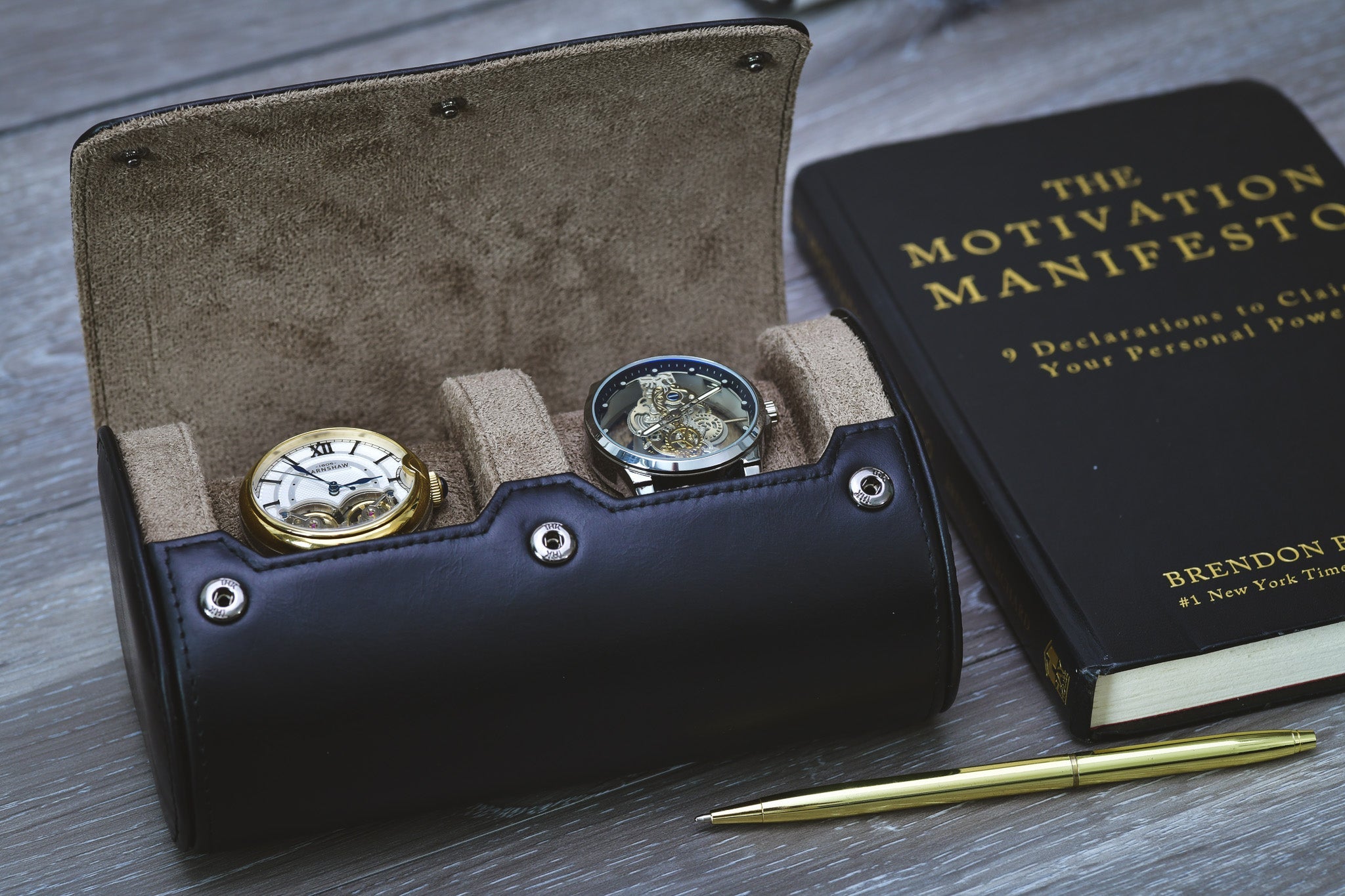 Sable Black Full Grain Cow Leather Watch Roll - 2 Watches