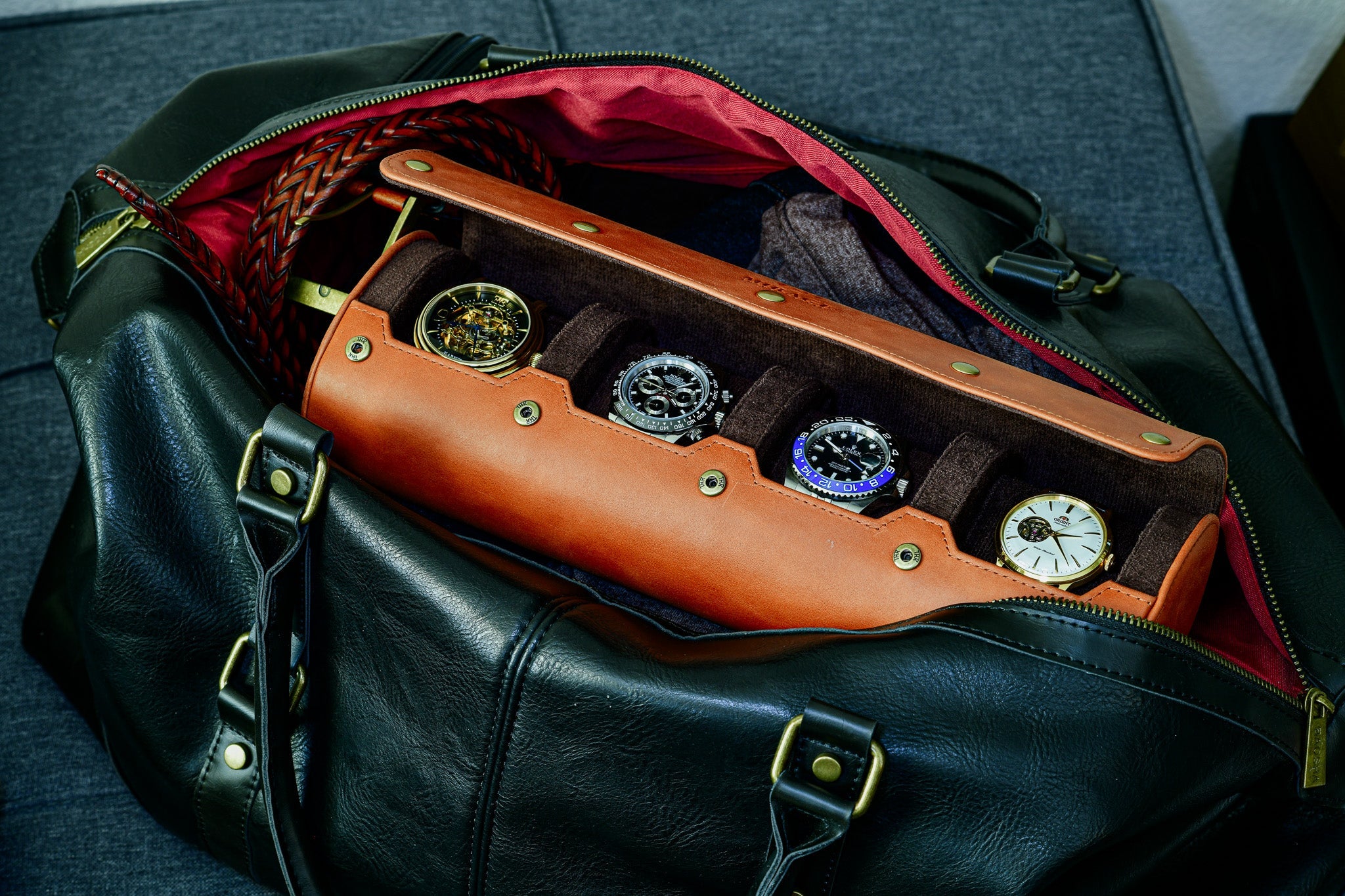 Tawny Brown Full-grain Cow Leather Watch Roll - 4 Watches