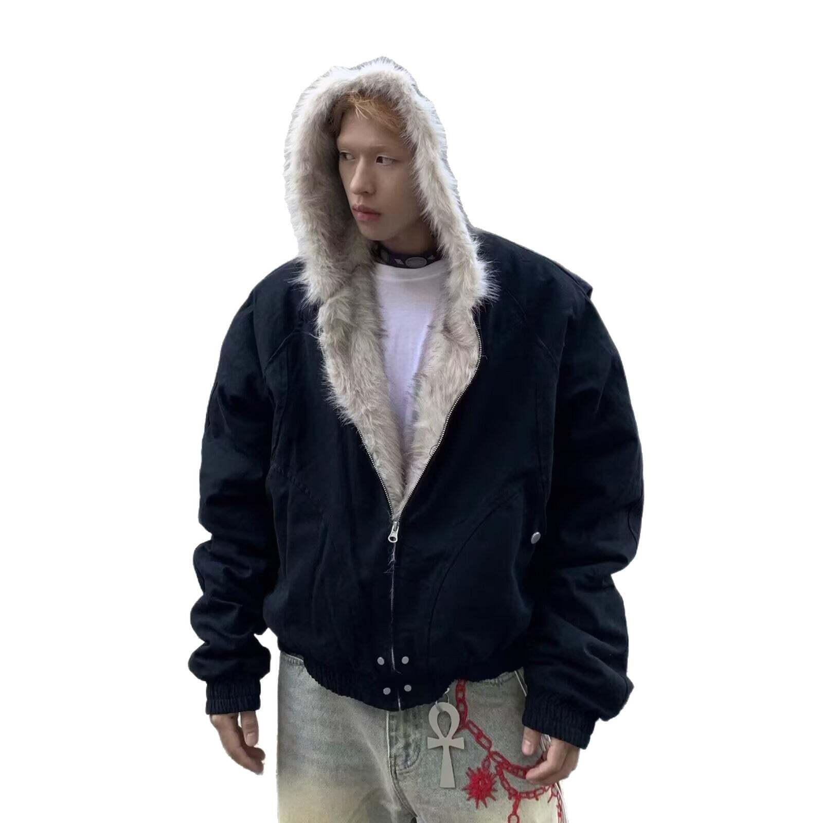 Retro Short Hooded Wool-Lined Jacket for Men