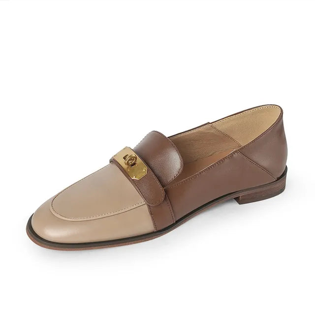 Blapunka Women Genuine Leather Loafers Designer Metal Lock Mix-color Slip-on Flat Shoe Ladies Spring Autumn Casual Comfort Flats