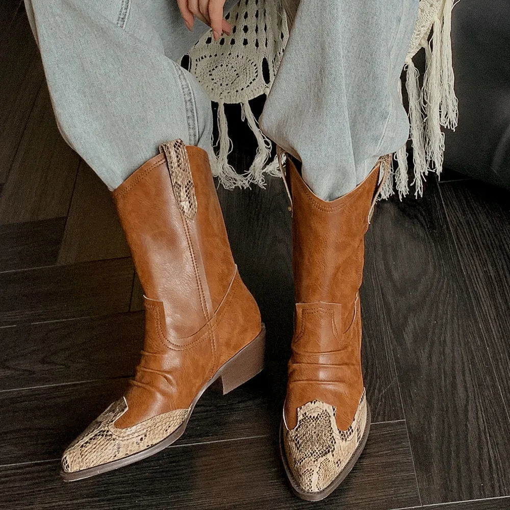 Western Women Short Boots Fashion Pleated Genuine Leather Shoes Woman Office Lady Retro Autumn Winter