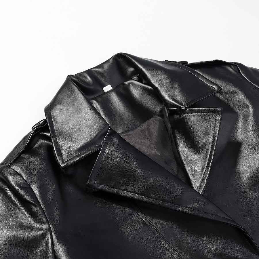 Imitation leather long windbreaker