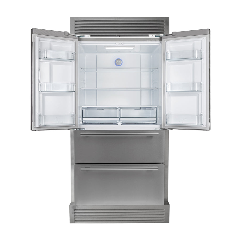 FORNO Premium 2-Piece Kitchen Bundle - Galiano 36" Stainless Steel Range, Forno Moena 36" French Door 19.2 cu. ft Stainless Steel Refrigerator, with Decorative Grill - 40" Wide - FBDL-019-03CAUS