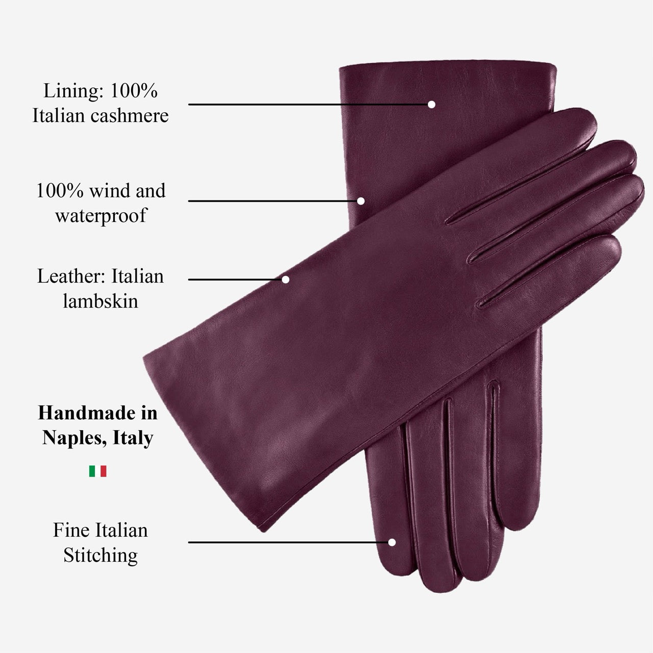Isabella (eggplant) - Italian lambskin leather gloves with cashmere lining