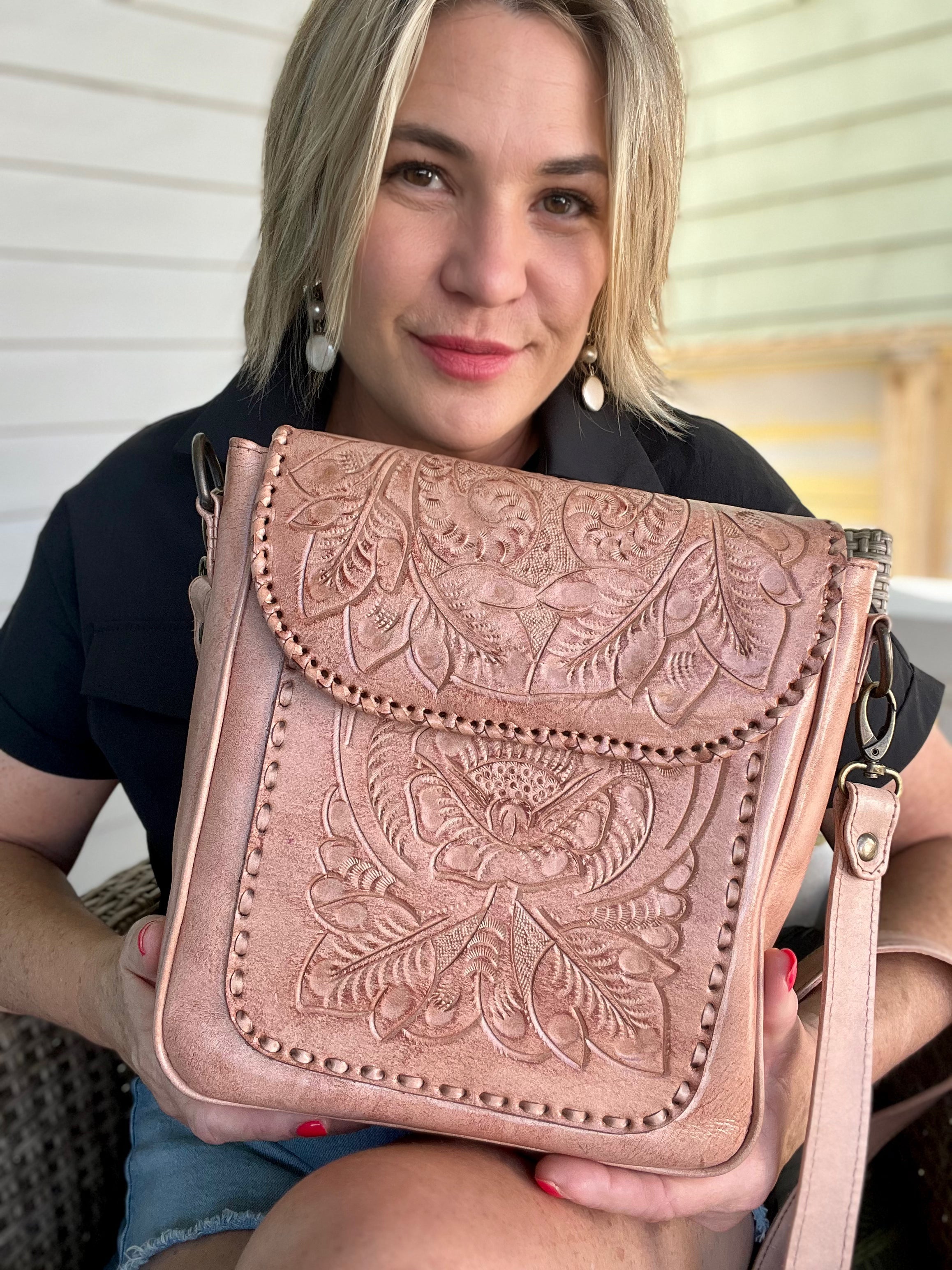 The Kimberly| Hand-Tooled Leather Messenger Bag