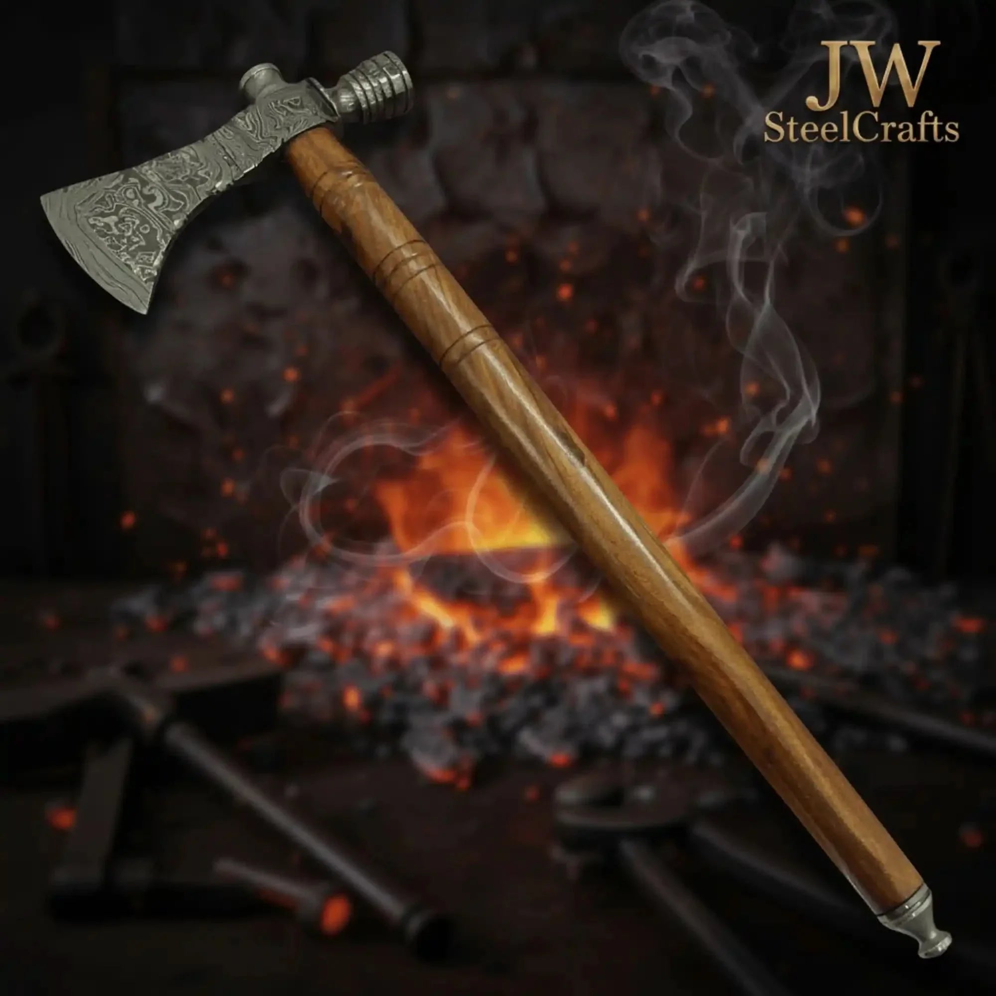 Damascus Smoking Axe Straight Handle 19 Inch