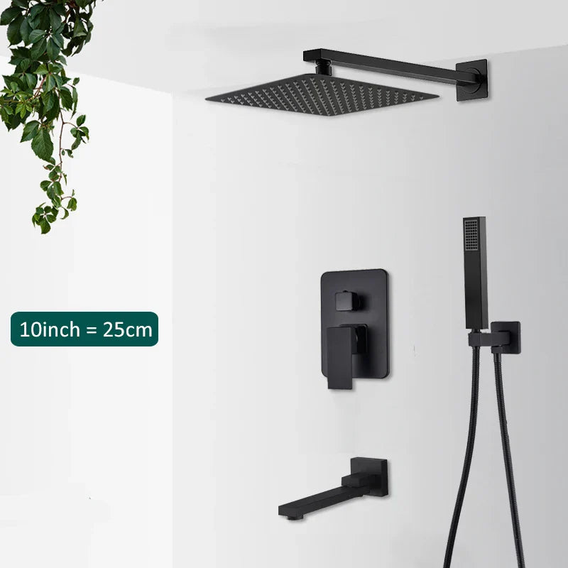 Matte Black Concealed In-Wall Rainfall Shower System with Tub Spout - Wall-Mount Mixer Faucet Set