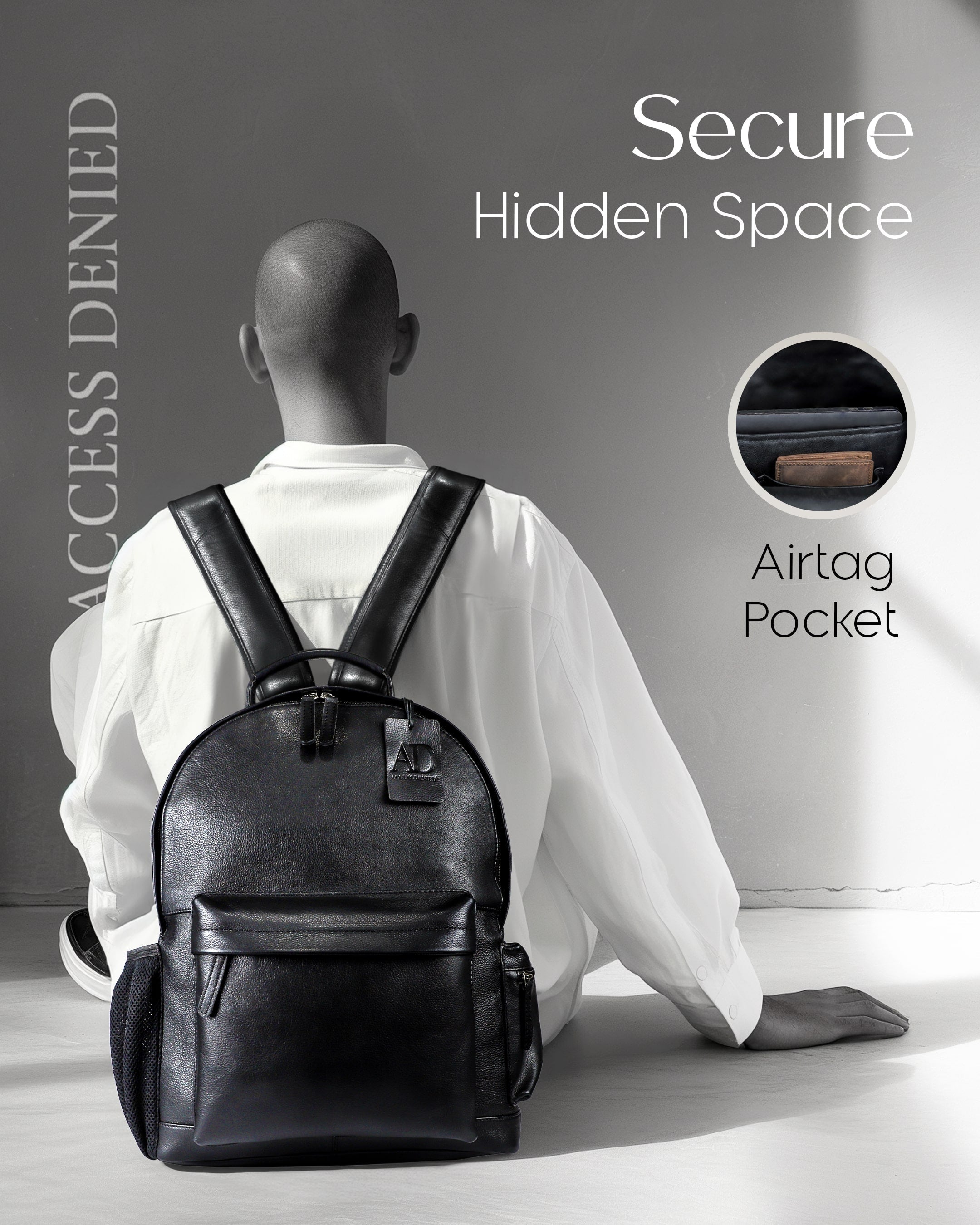 Genuine Leather Backpack – Fits 15.6" Laptop, Hidden AirTag Pocket