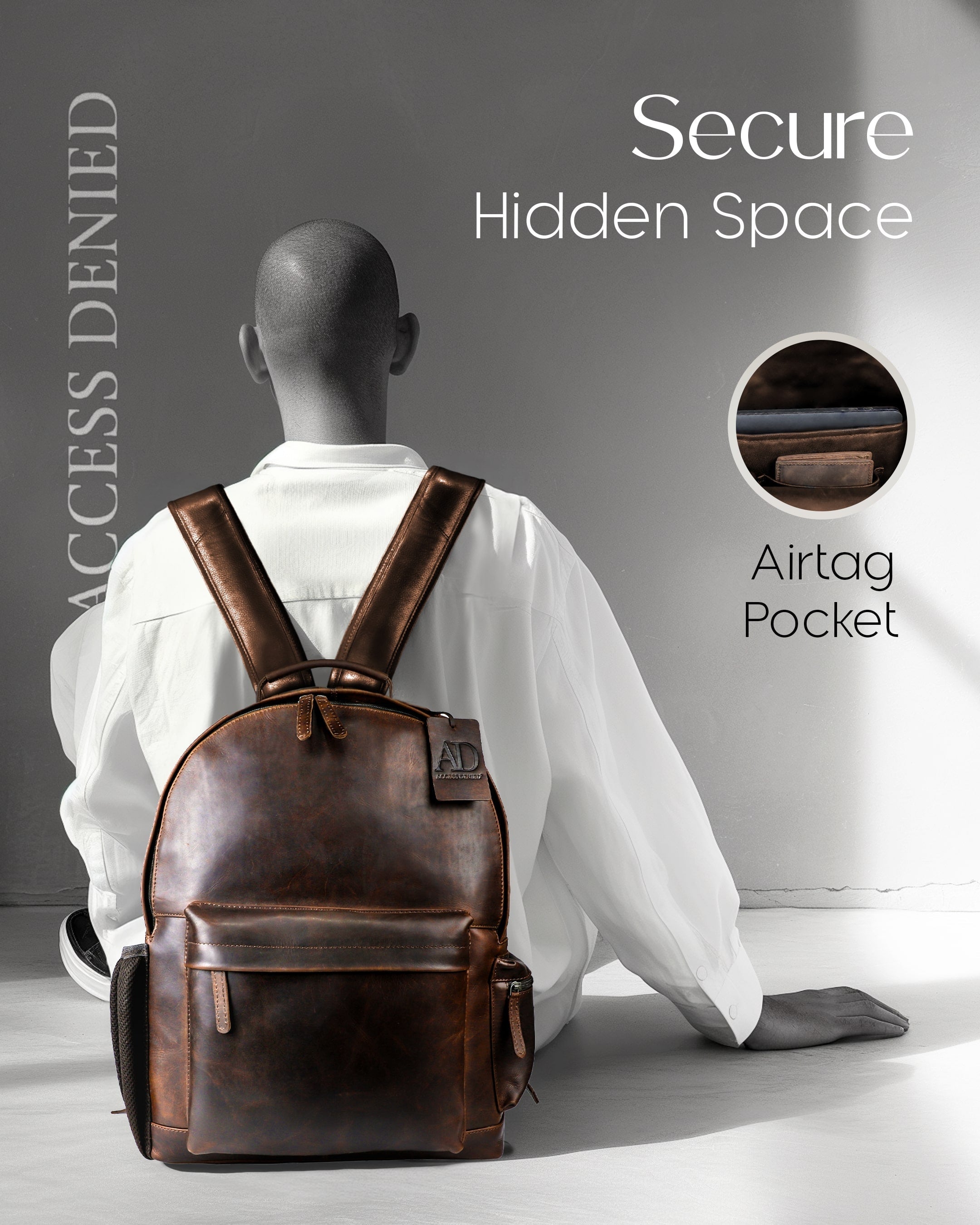 Genuine Leather Backpack – Fits 15.6" Laptop, Hidden AirTag Pocket