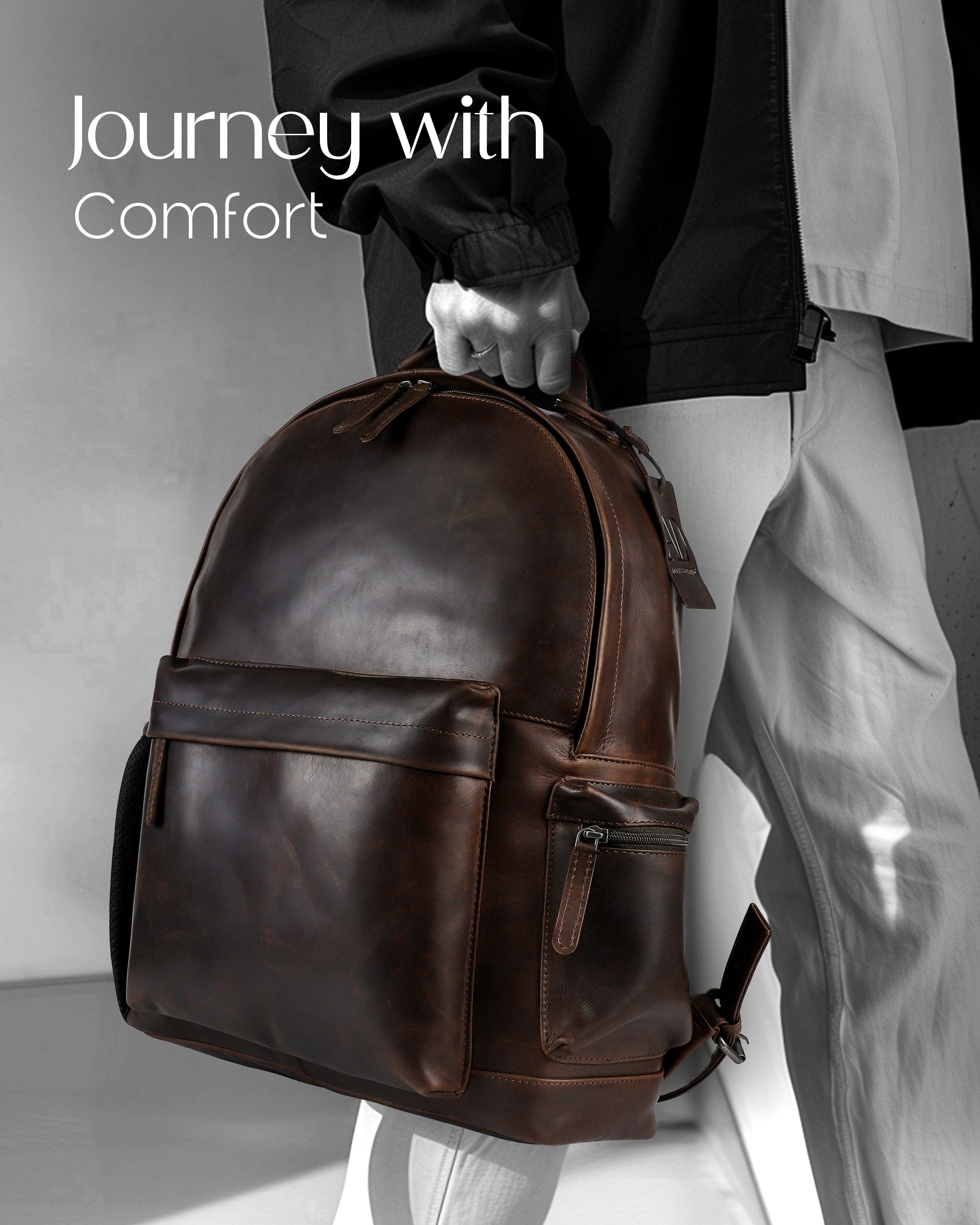 Genuine Leather Backpack – Fits 15.6" Laptop, Hidden AirTag Pocket