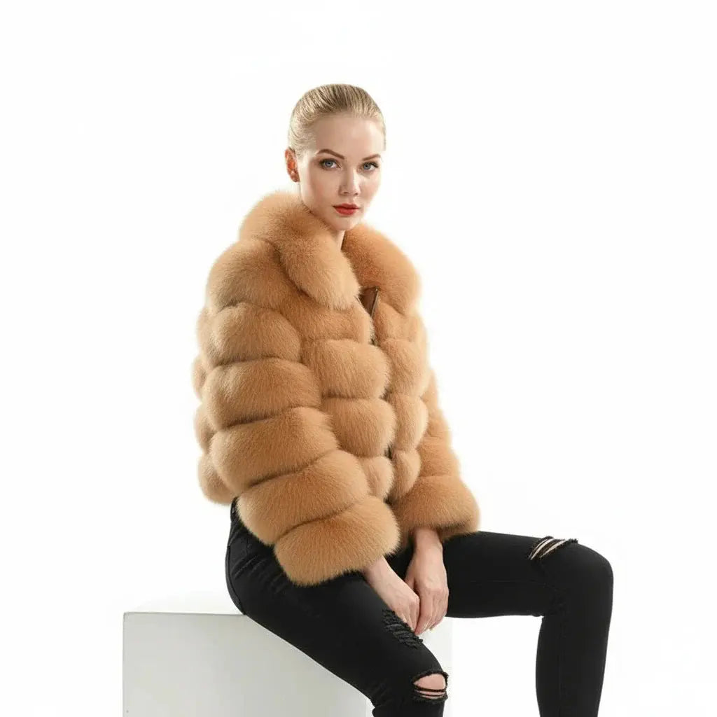Real Fox Fur Coat Short Full Sleeves