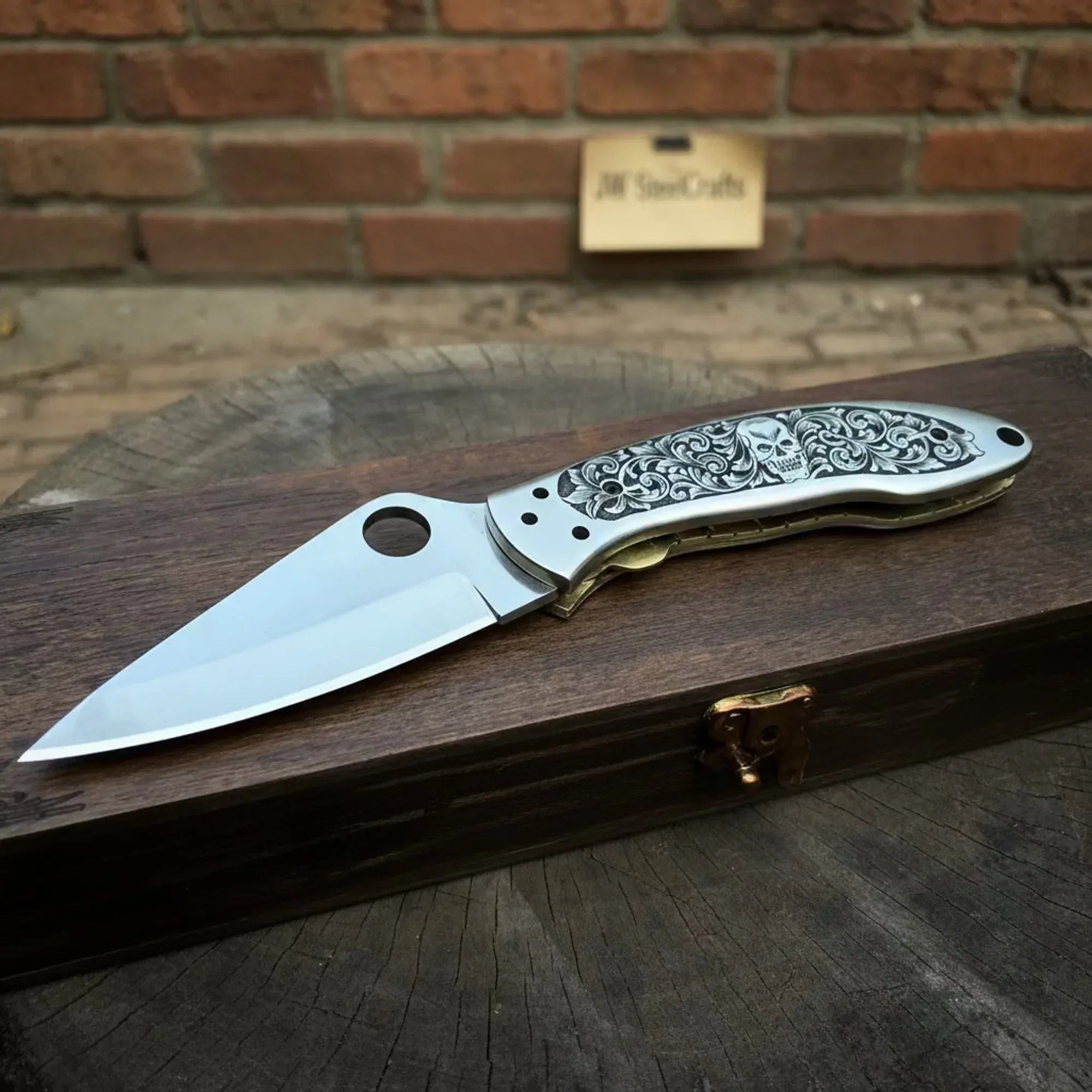 Engraved Spyderco Style Folder with Mirror Polished Leaf Blade