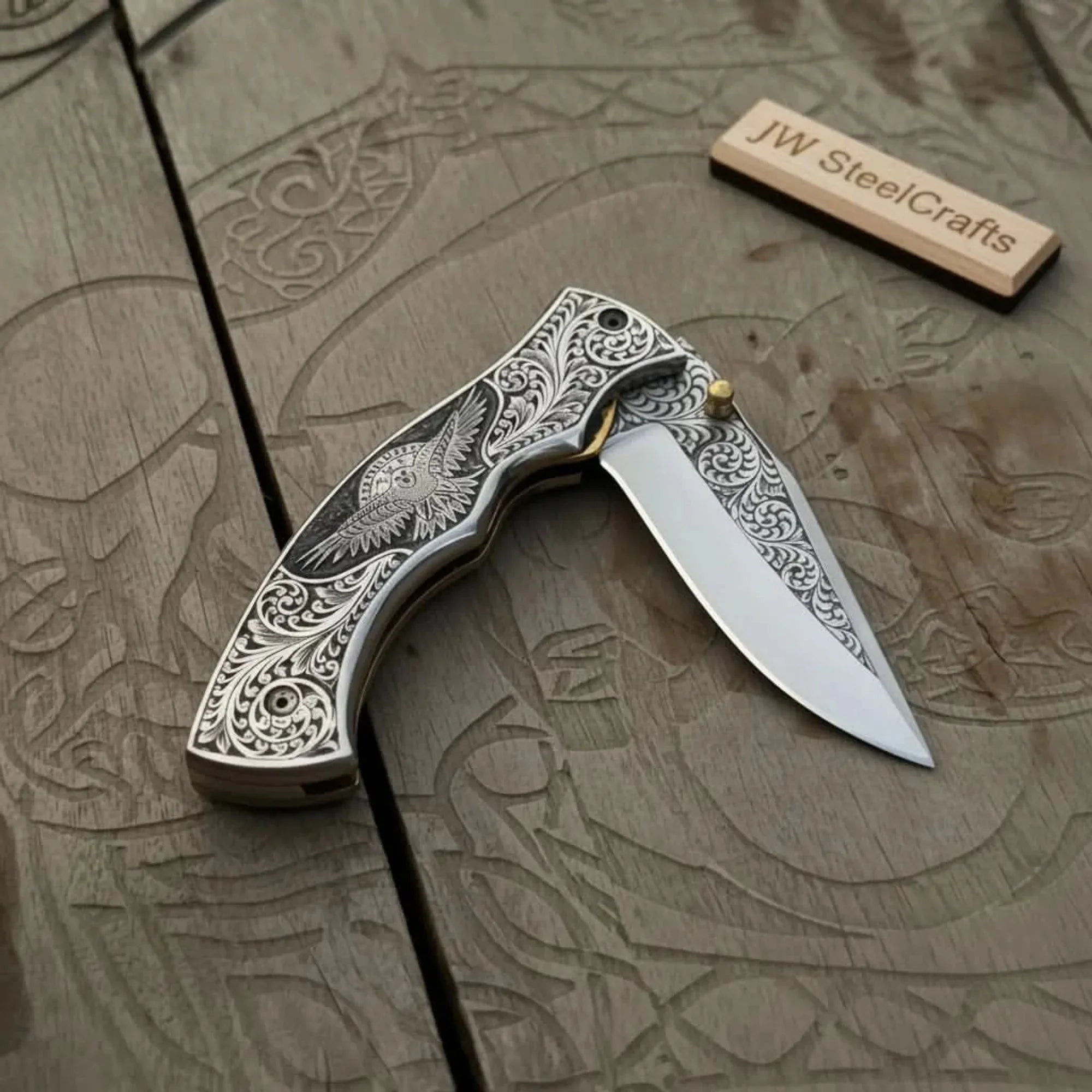Hand Engraved Neck Folding Knife with Eagle Motif Stainless Steel Scales