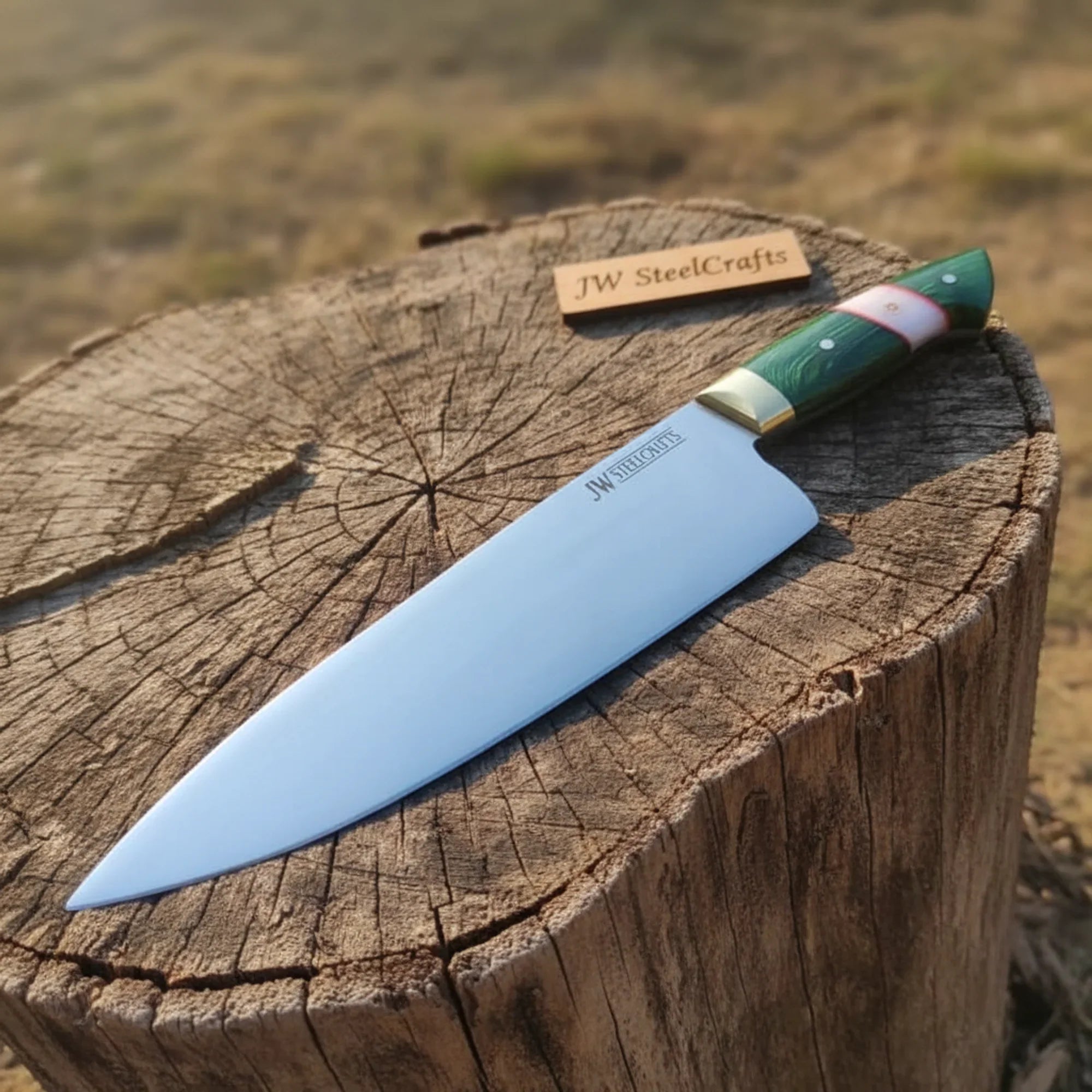 Carbon Steel Chef Knife 8” blade Green Handle Sharp Kitchen Knife
