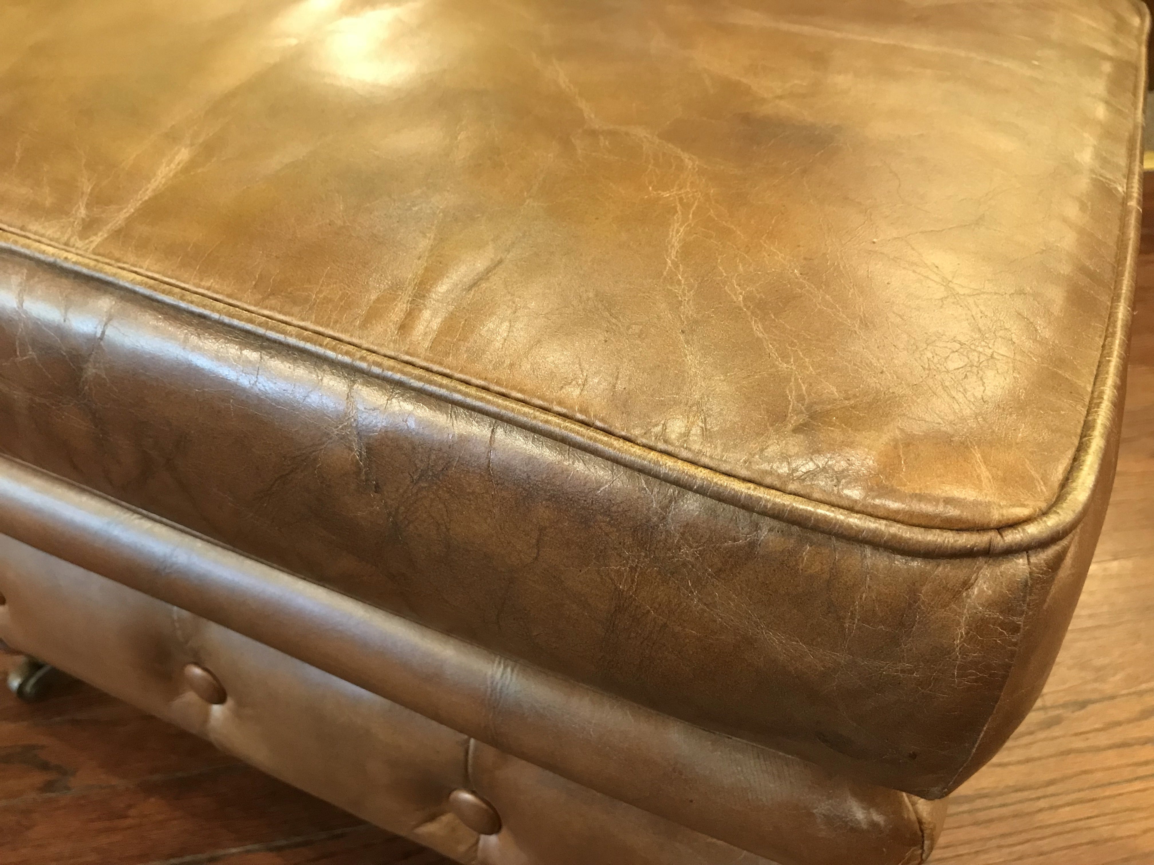 Chesterfield Leather Ottoman - Light Brown