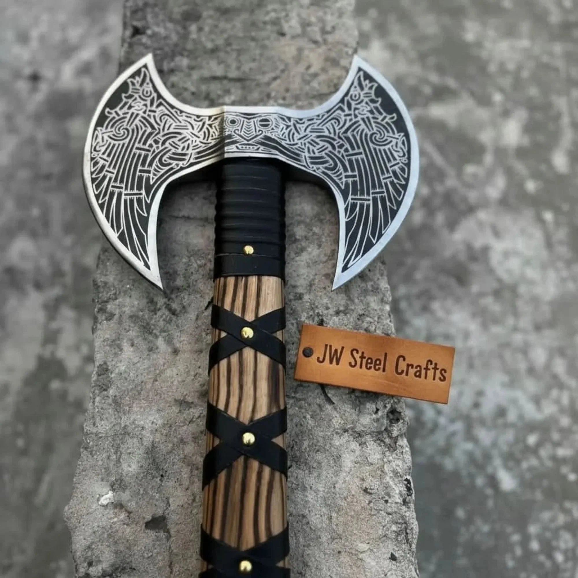 Hand Engraved Double Headed Viking Axe with Nordic Knotwork and Leather Wrapped Handle