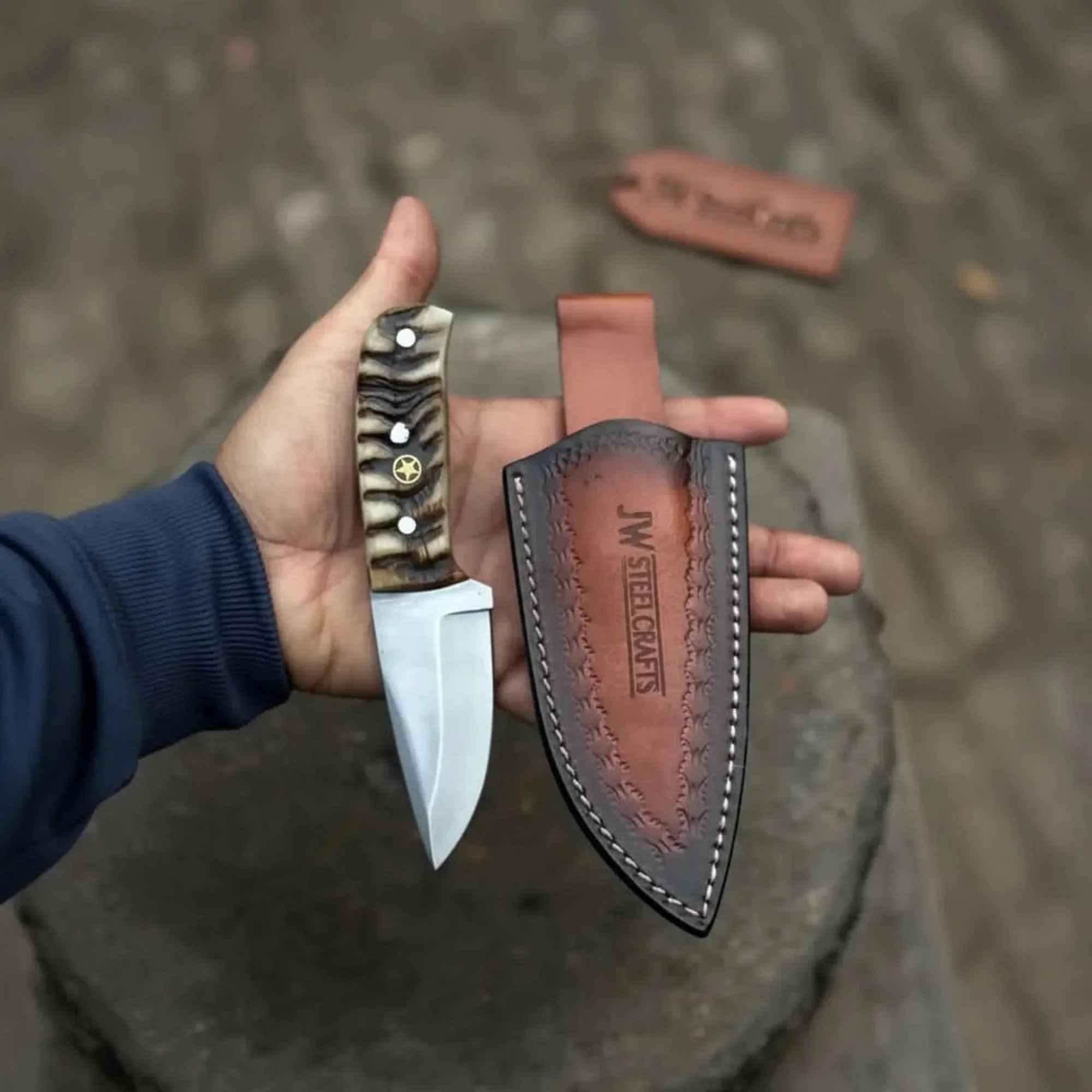 Compact Outdoor Knife Stainless Steel Blade Ram Horn or Wengi Wood Handle