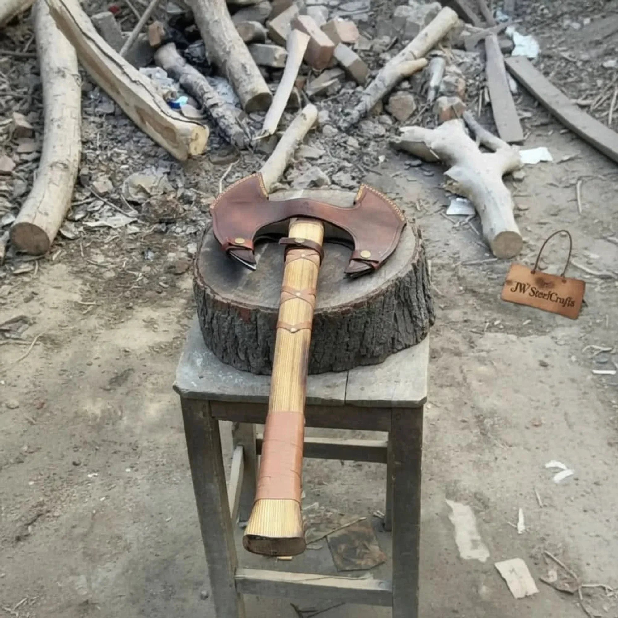 Handcrafted Double-Head Decorative Axe with Wooden Handle – JW SteelCrafts