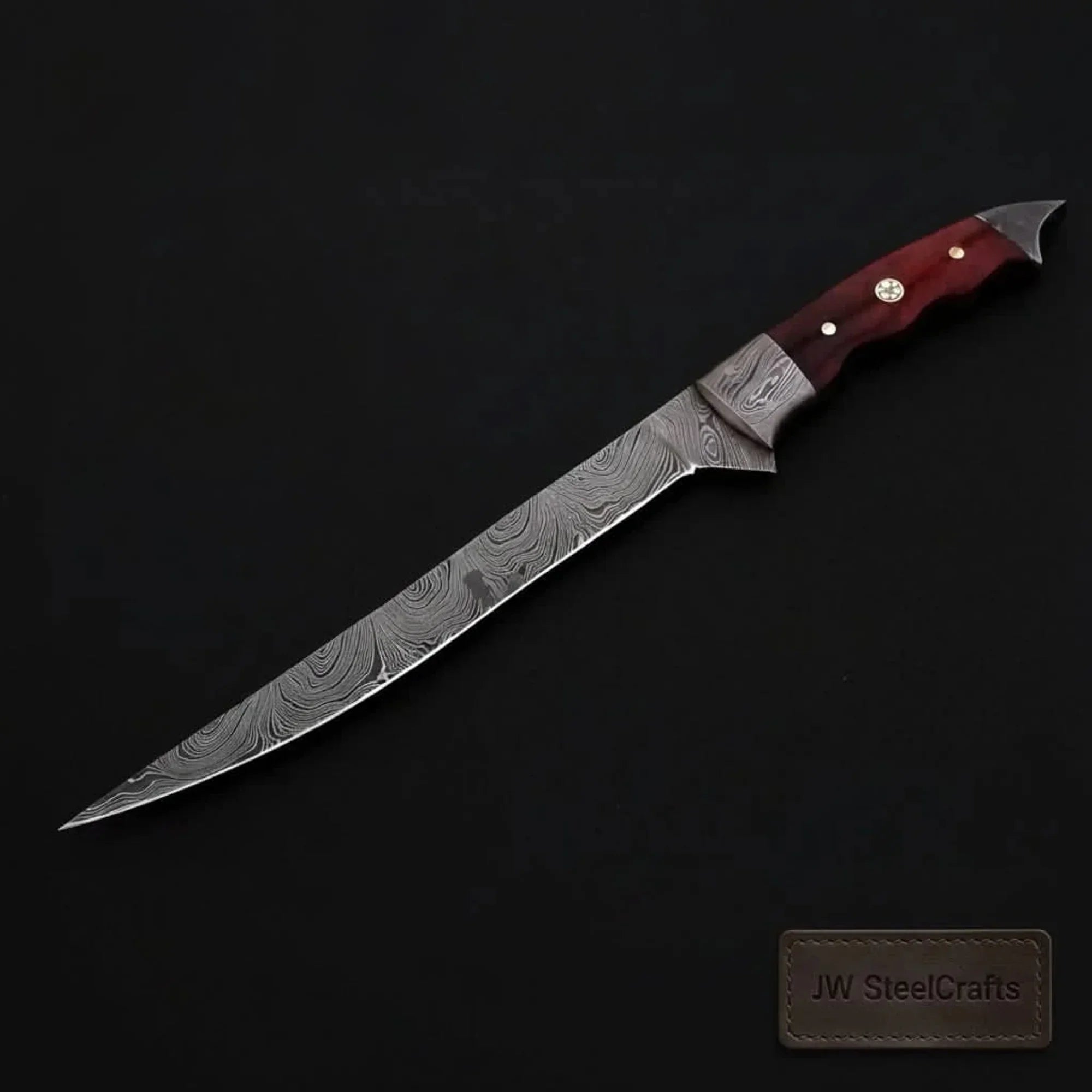 Handmade 13 Inch Overall Damascus Steel Fillet Knife – Full Tang Fishing Knife with Hardwood Handle and Leather Sheath.