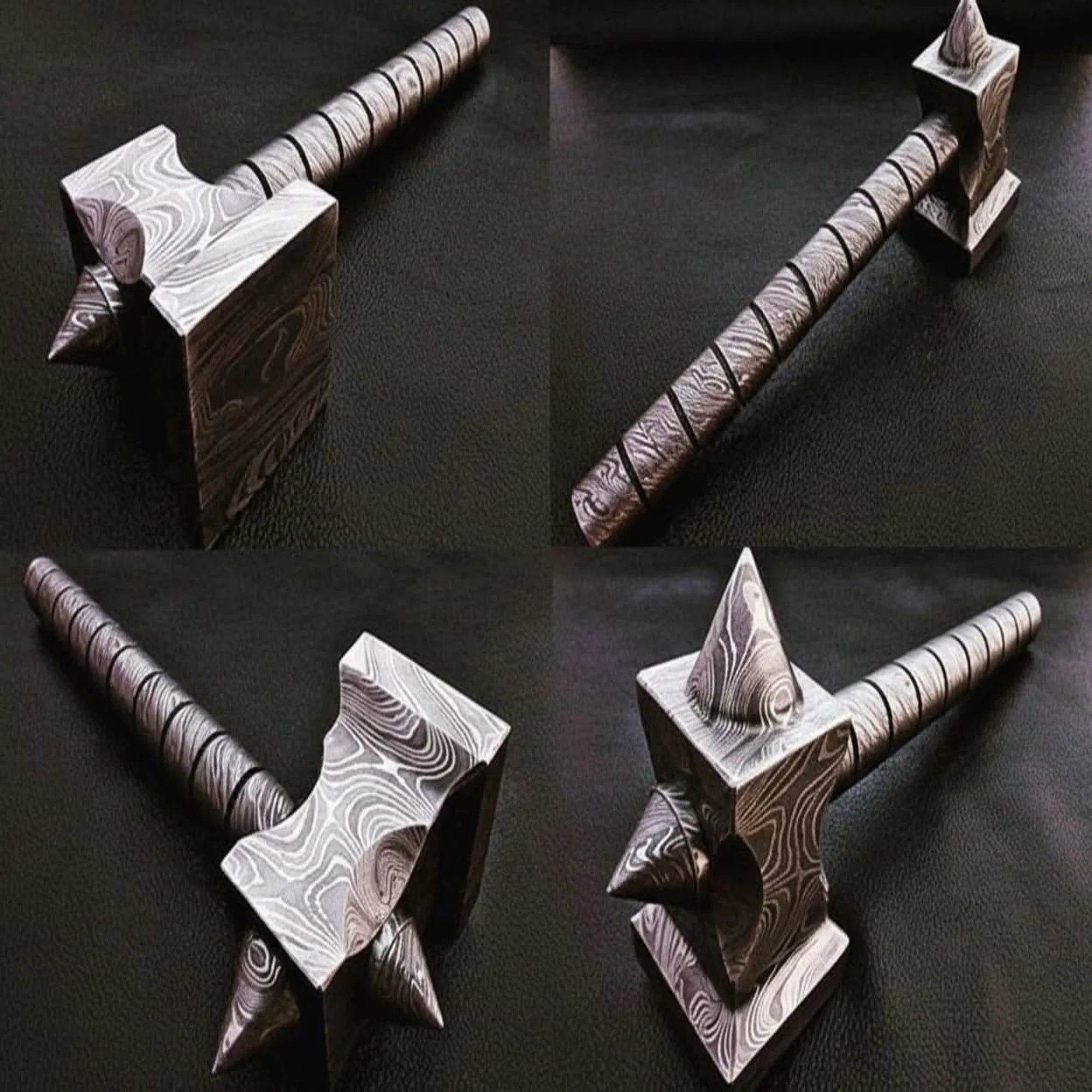 Darkforge Titan Hammer 8" Handmade Full Damascus Steel Collectible with Dual Spikes