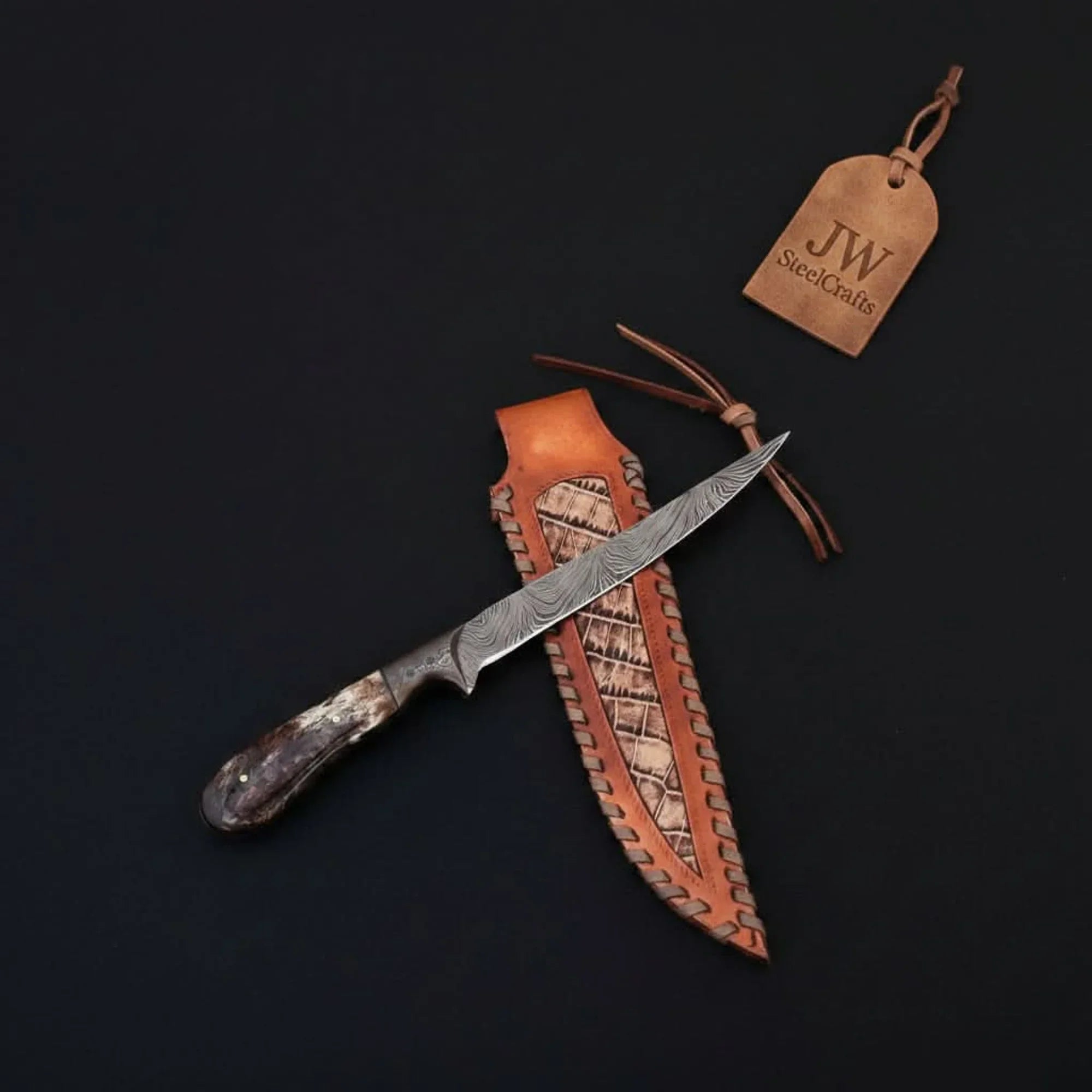 Custom Handmade Damascus Steel Boning Knife With Colour Bone Handle with Leather Sheath