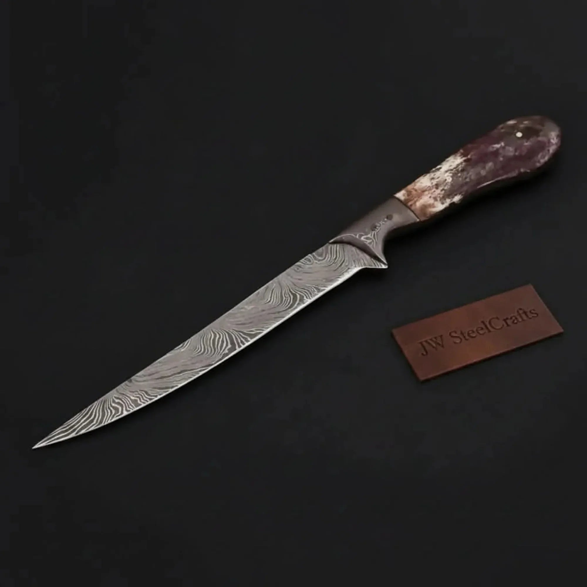 Custom Handmade Damascus Steel Boning Knife With Colour Bone Handle with Leather Sheath