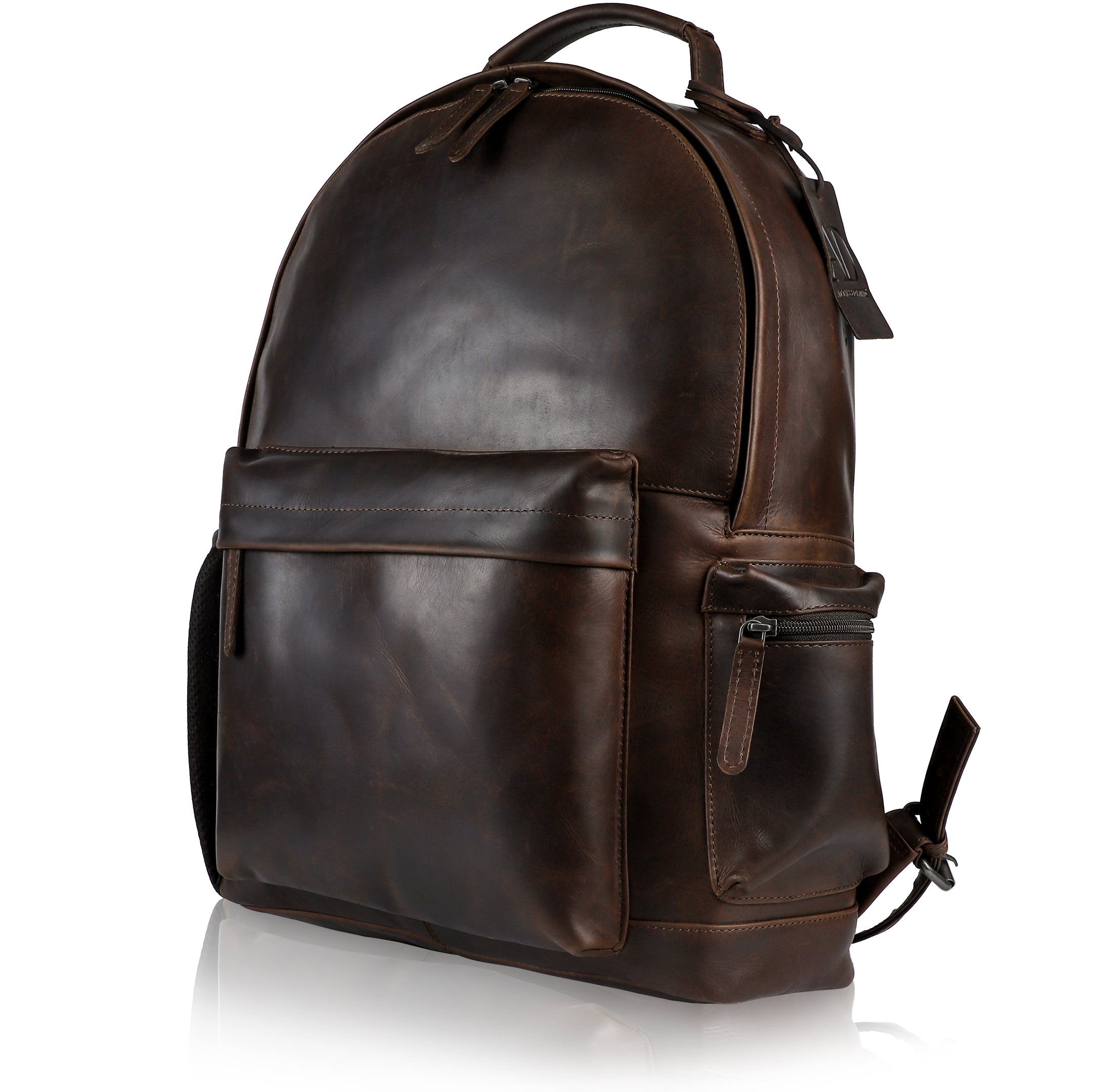 Genuine Leather Backpack – Fits 15.6" Laptop, Hidden AirTag Pocket