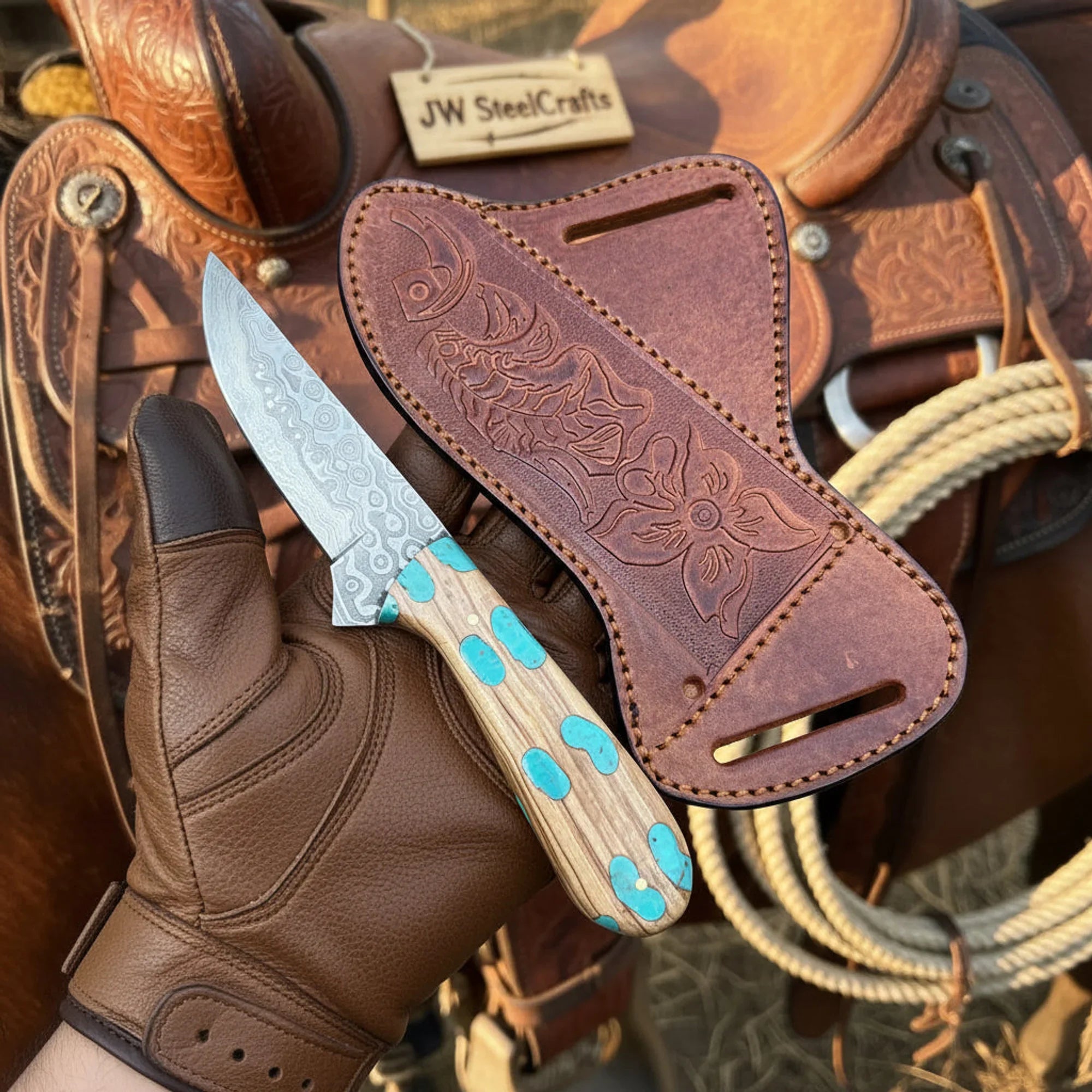 Turquoise Trail Bowie Knife 10" Handmade Damascus Turquoise Inlay - JW Steelcrafts