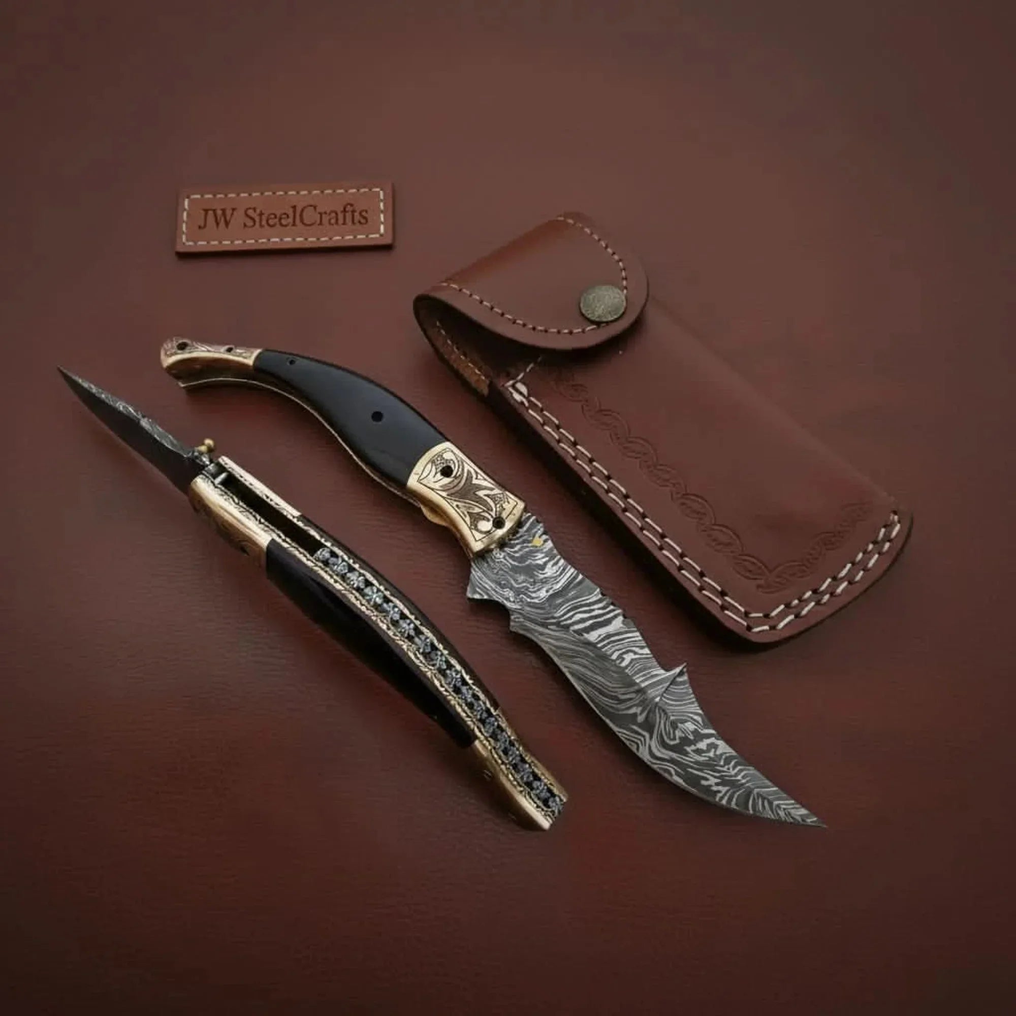 Ratchet Rampuri Buffalo Horn Folding Knife with Damascus Trailing Blade