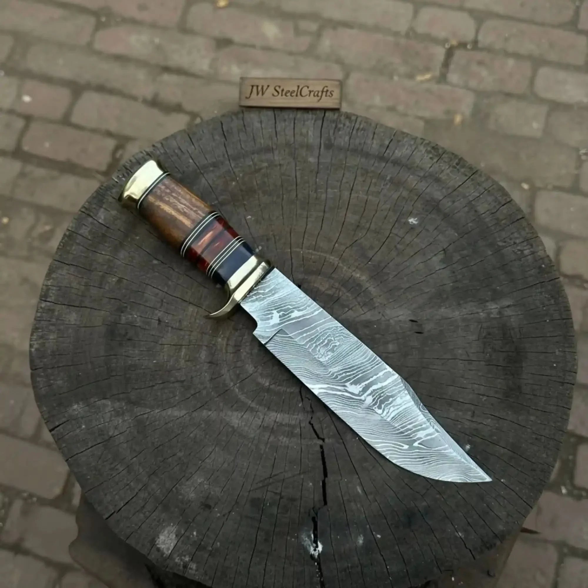 Handmade Damascus Steel Bowie Knife Stacked Leather Handle with Brass Fittings