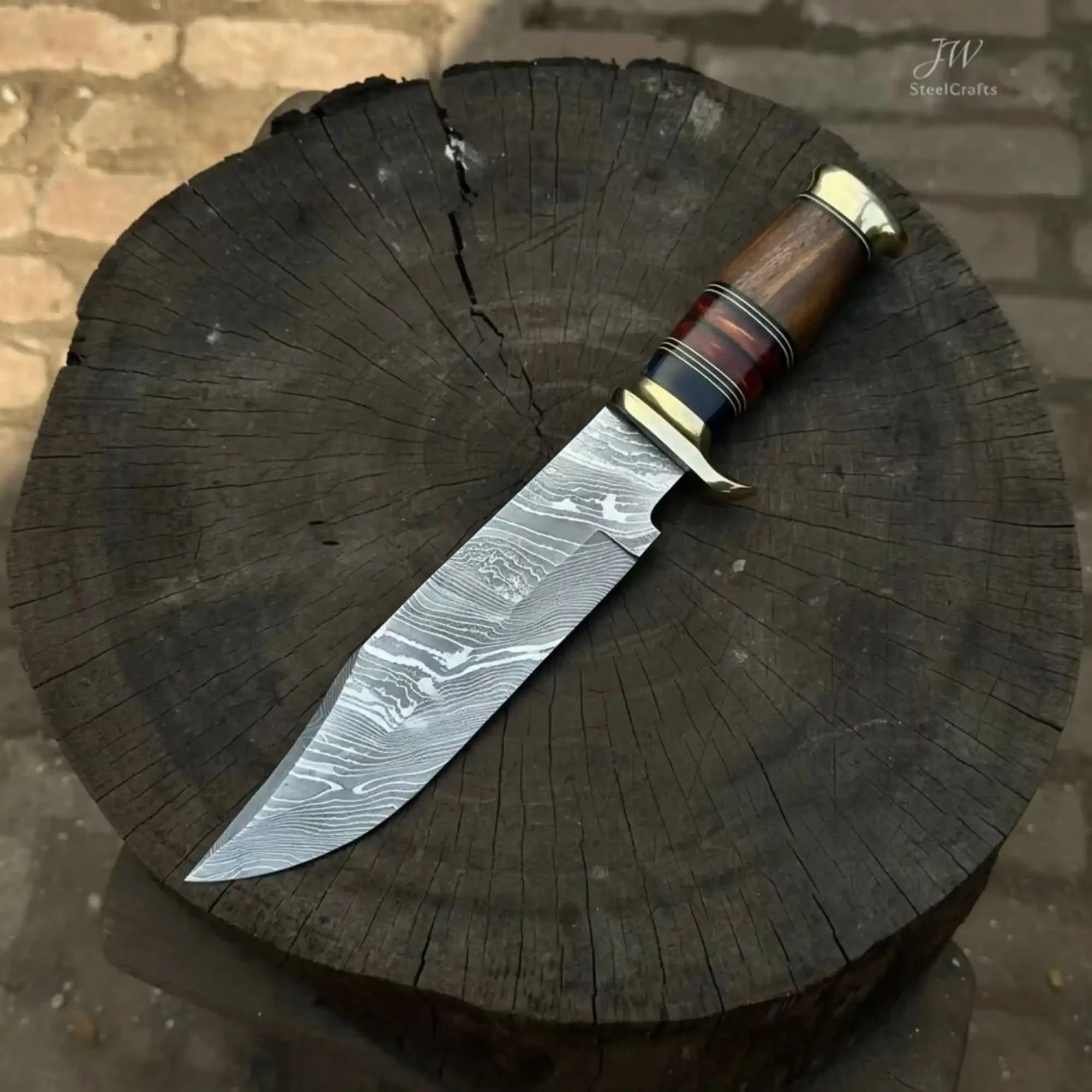 Handmade Damascus Steel Bowie Knife Stacked Leather Handle with Brass Fittings