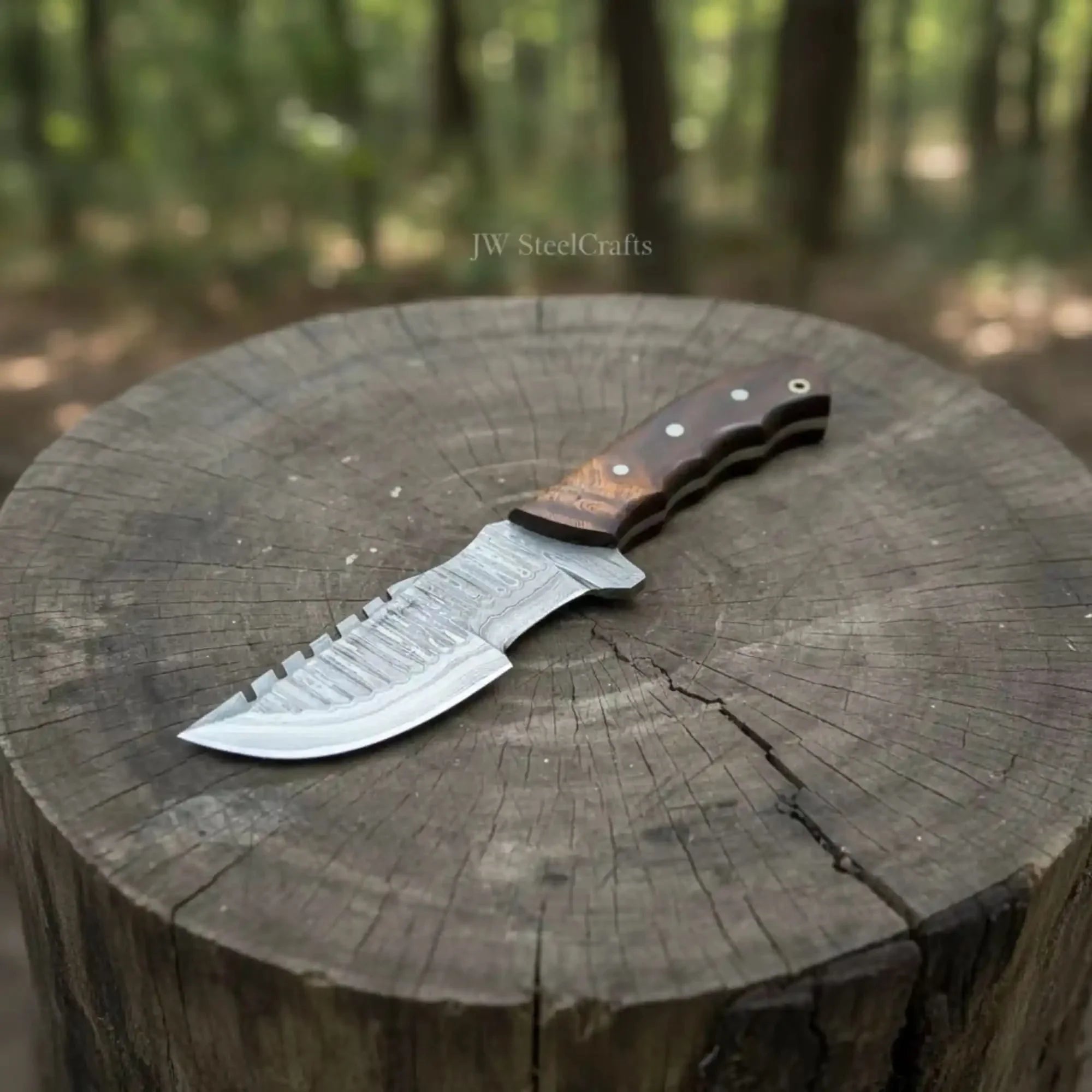 Damascus Tracker Knife Multi Edge Fixed Blade Sawback Outdoor Tool