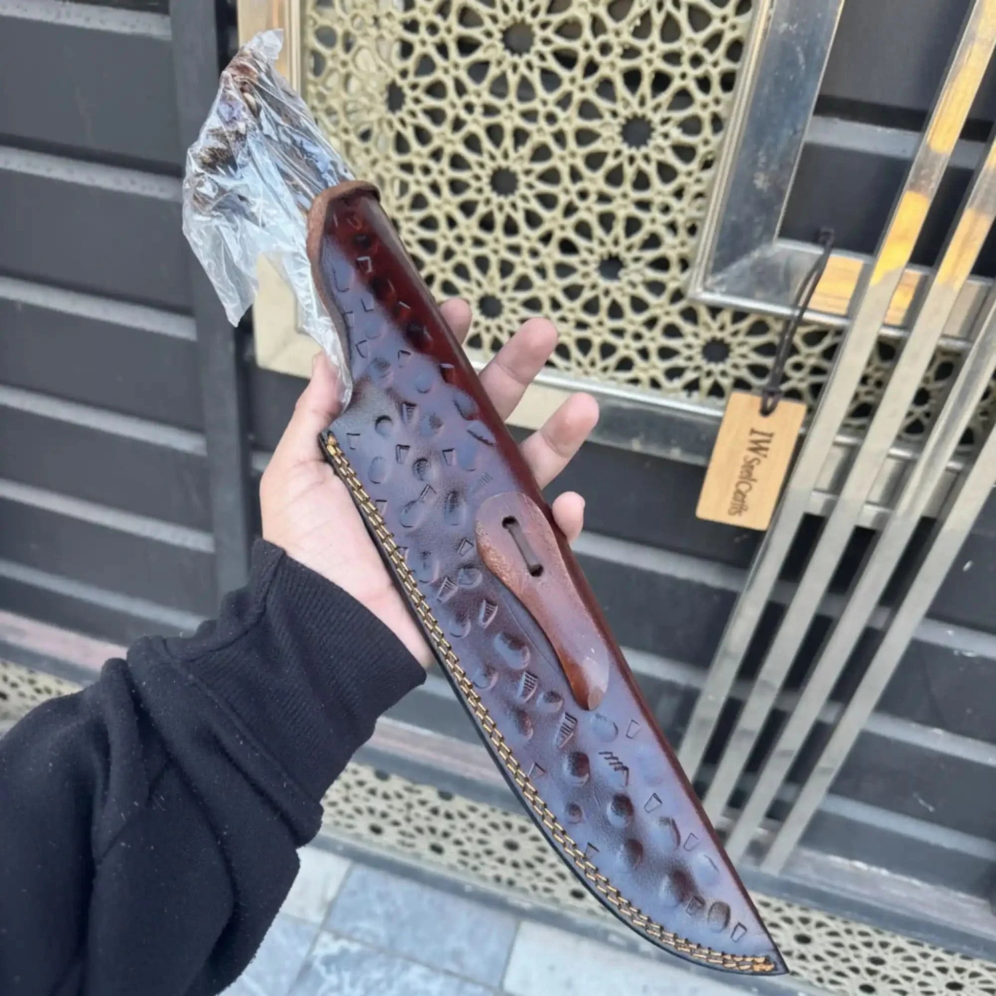 Handmade Feather Damascus Hunting Knife with Burned Camel Bone Handle & Eagle Engraving