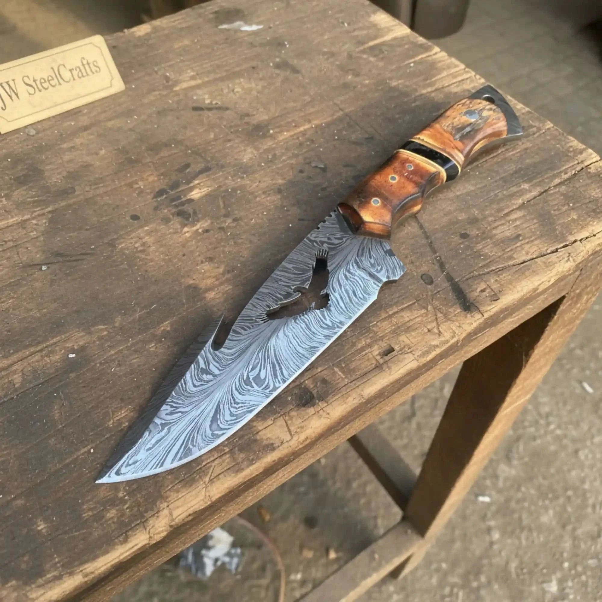 Handmade Feather Damascus Hunting Knife with Burned Camel Bone Handle & Eagle Engraving