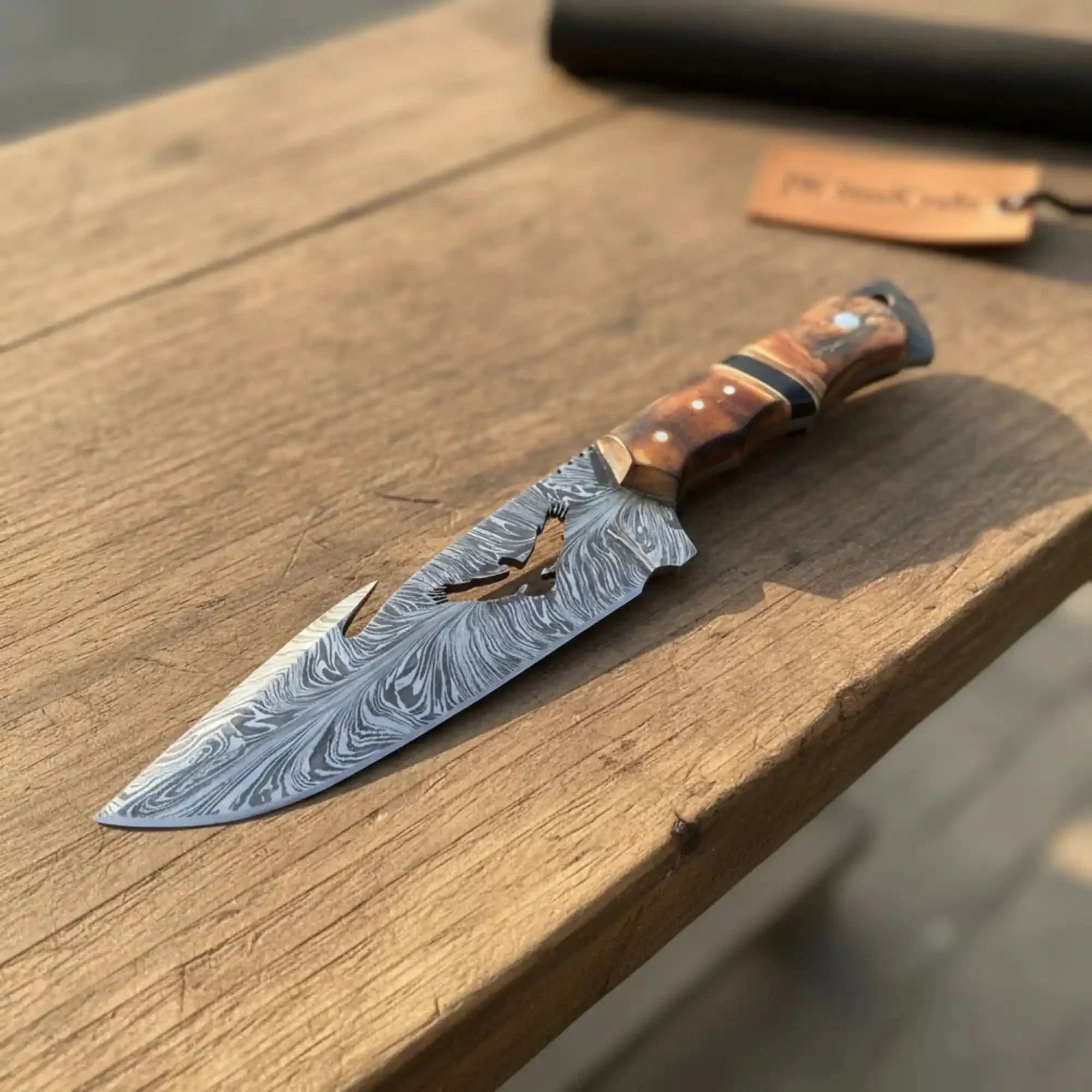 Handmade Feather Damascus Hunting Knife with Burned Camel Bone Handle & Eagle Engraving