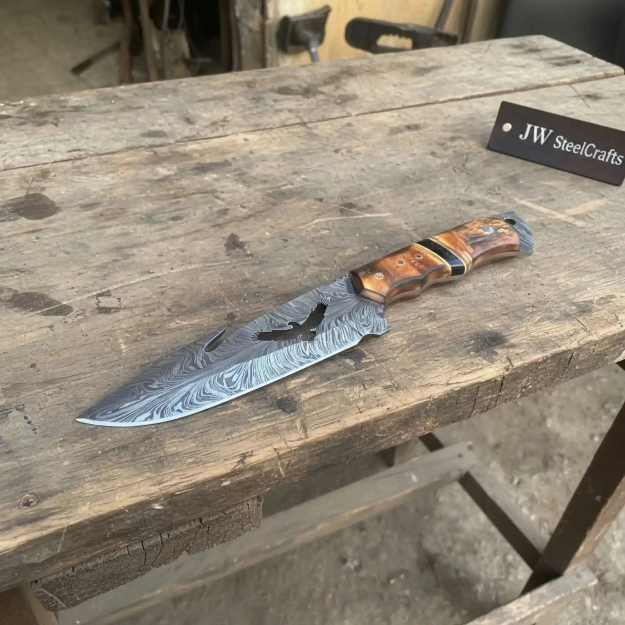 Handmade Feather Damascus Hunting Knife with Burned Camel Bone Handle & Eagle Engraving