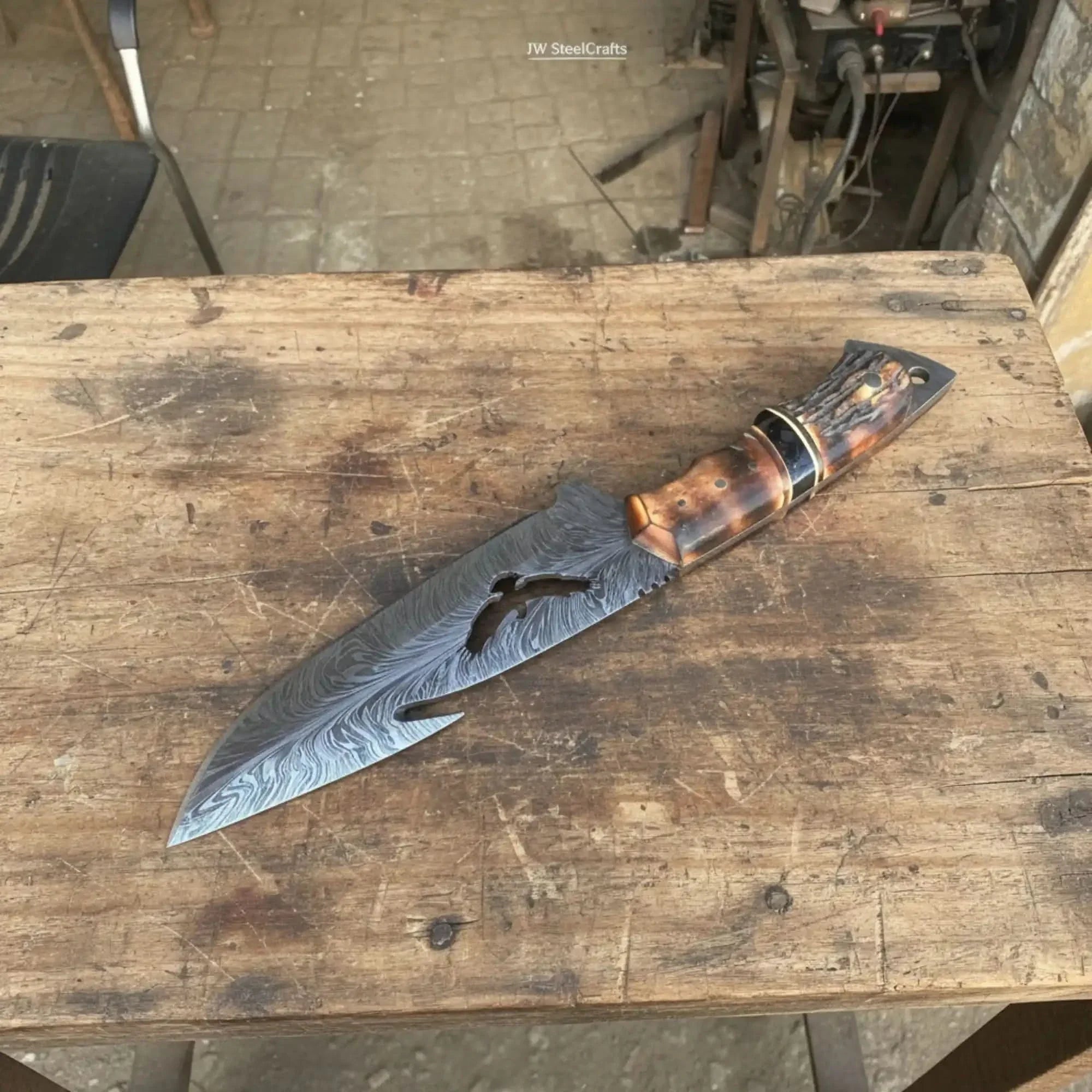 Handmade Feather Damascus Hunting Knife with Burned Camel Bone Handle & Eagle Engraving