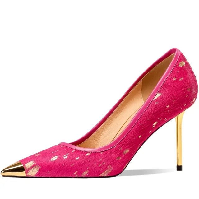 Women Luxury Party Genuine Leather Horsehair High Heels Shoes Sexy New Fashion Pointy Design For Lady Shoes