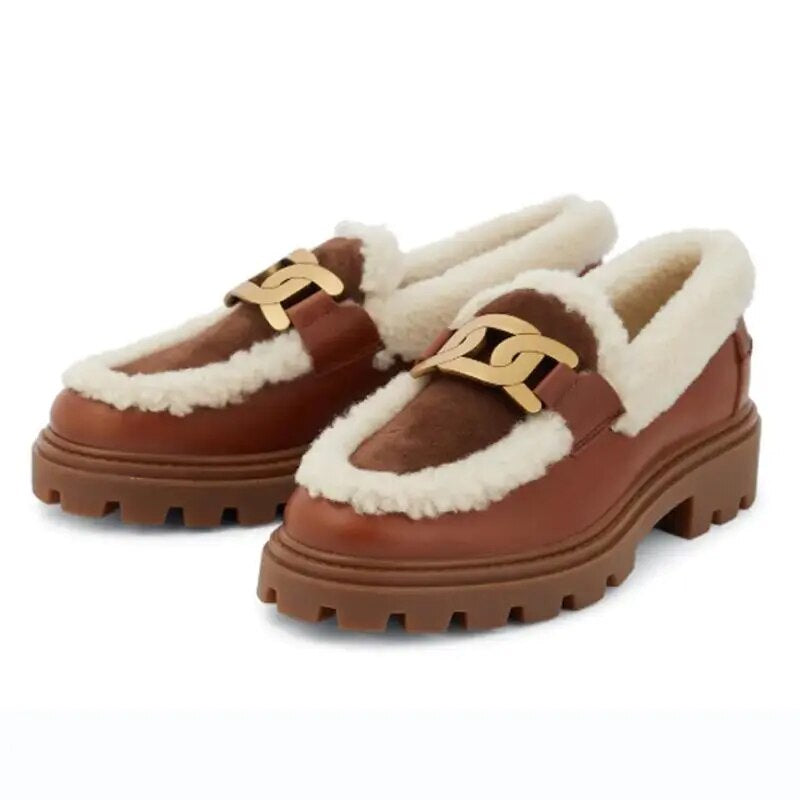 Genuine Leather Plush Flat Heel Women's Shoes