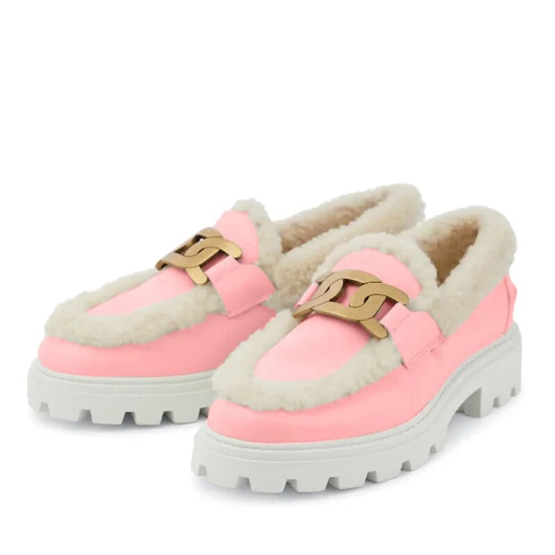 Genuine Leather Plush Flat Heel Women's Shoes