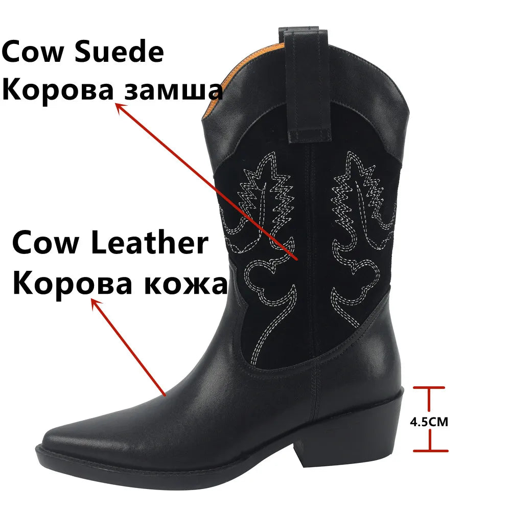 Popular Embroidery Women Mid-Calf Boots Autumn Winter Genuine Leather Western Boots Pointed Toe Shoes Woman Office Lady
