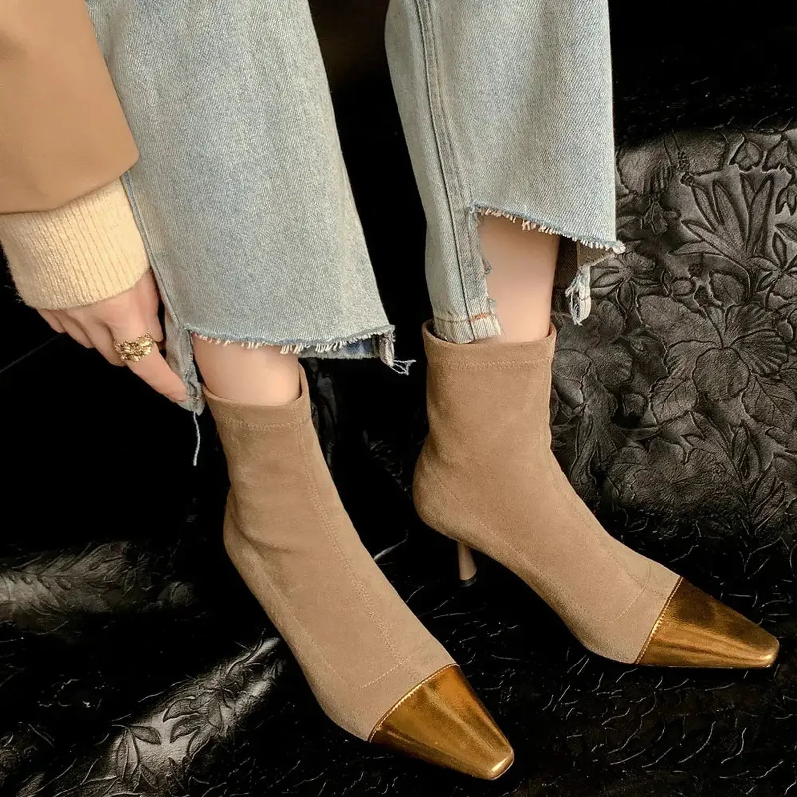 Mature Splicing Genuine Leather Women Ankle Boots Mixed Colors Office Ladies Thin High Heels Shoes Woman Autumn Winter