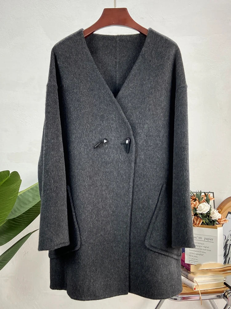 Fashion Woman Cashmere Coat Thick Cardigan Elegant New Autumn Scarf Collar Double Breasted Solid Color
