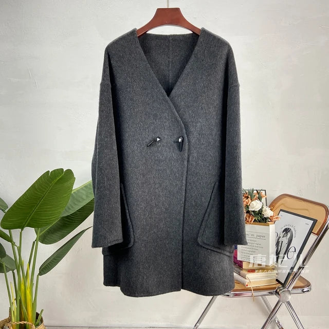 Fashion Woman Cashmere Coat Thick Cardigan Elegant New Autumn Scarf Collar Double Breasted Solid Color