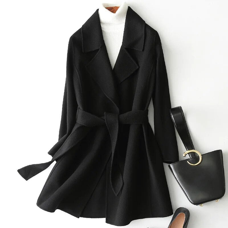 Women Lapel Lace Up Fashion High Quality Wool Coat Double Sided Cashmere Warm Overcoat