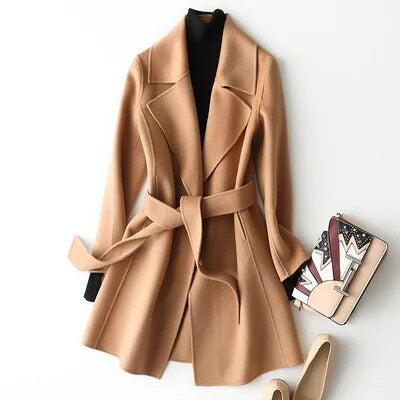 Women Lapel Lace Up Fashion High Quality Wool Coat Double Sided Cashmere Warm Overcoat