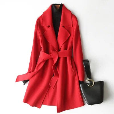 Women Lapel Lace Up Fashion High Quality Wool Coat Double Sided Cashmere Warm Overcoat