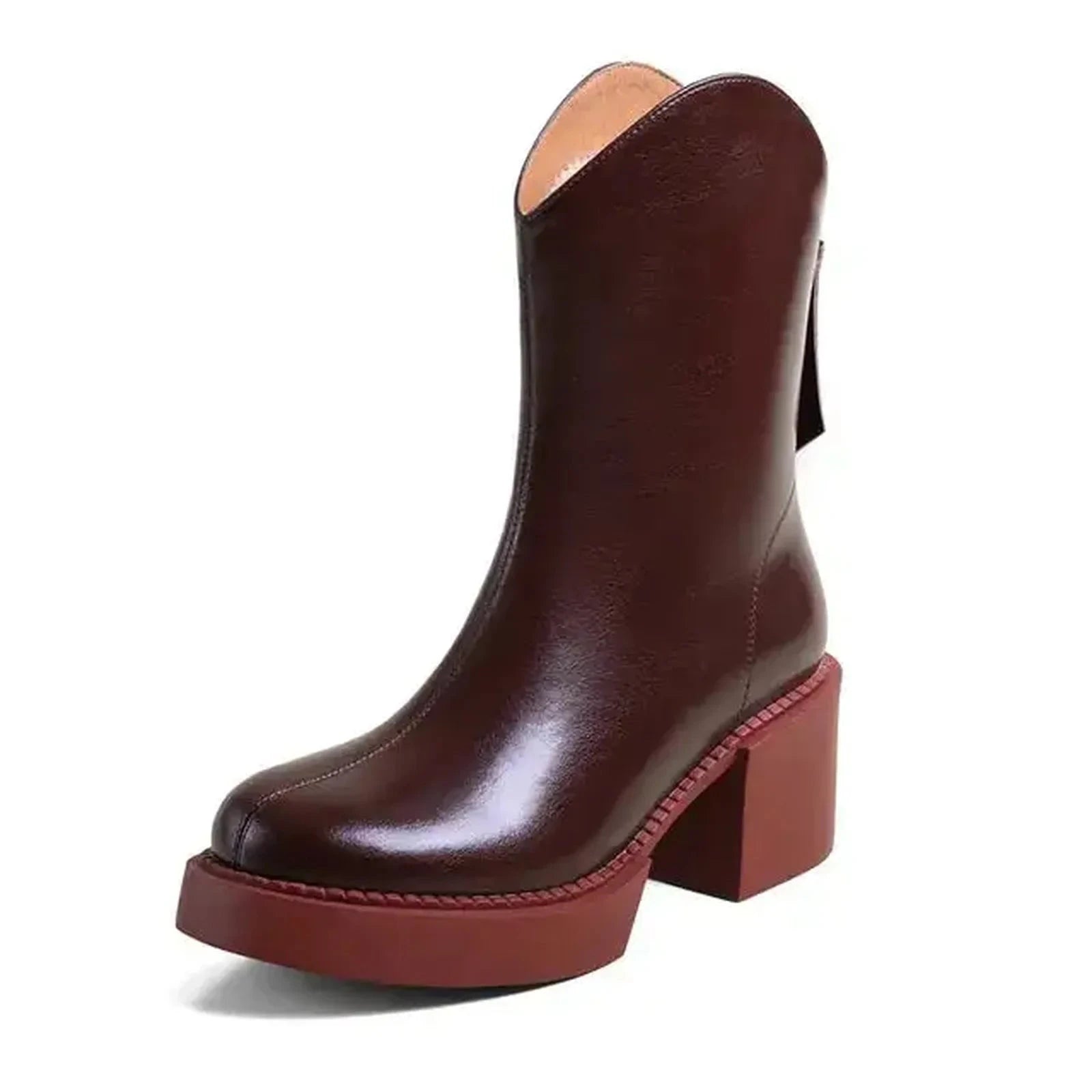 NEW Winter Boots Women Genuine Leather Shoes for Women Round Toe Chunky Heel Boots Blended Wool Platform Shoes